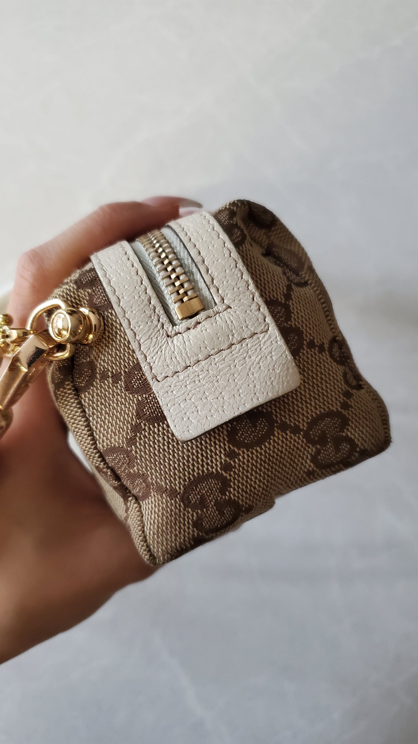 Authentic Vintage Gucci Upcycle Tan Fabric Pouch on Chain & Strap