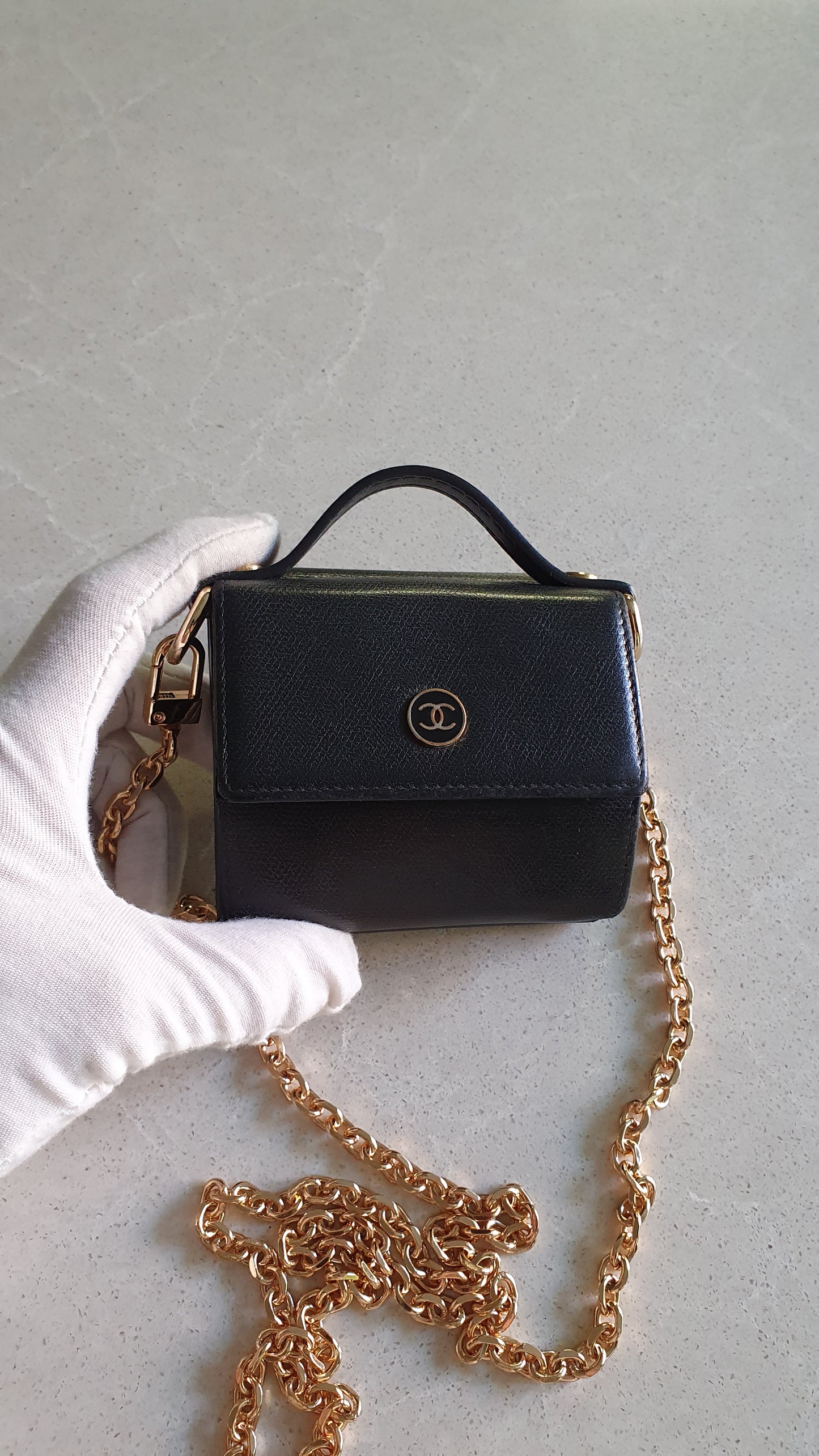 Authentic Chanel Upcycle Small Black Caviar Wallet with Strap and Chain