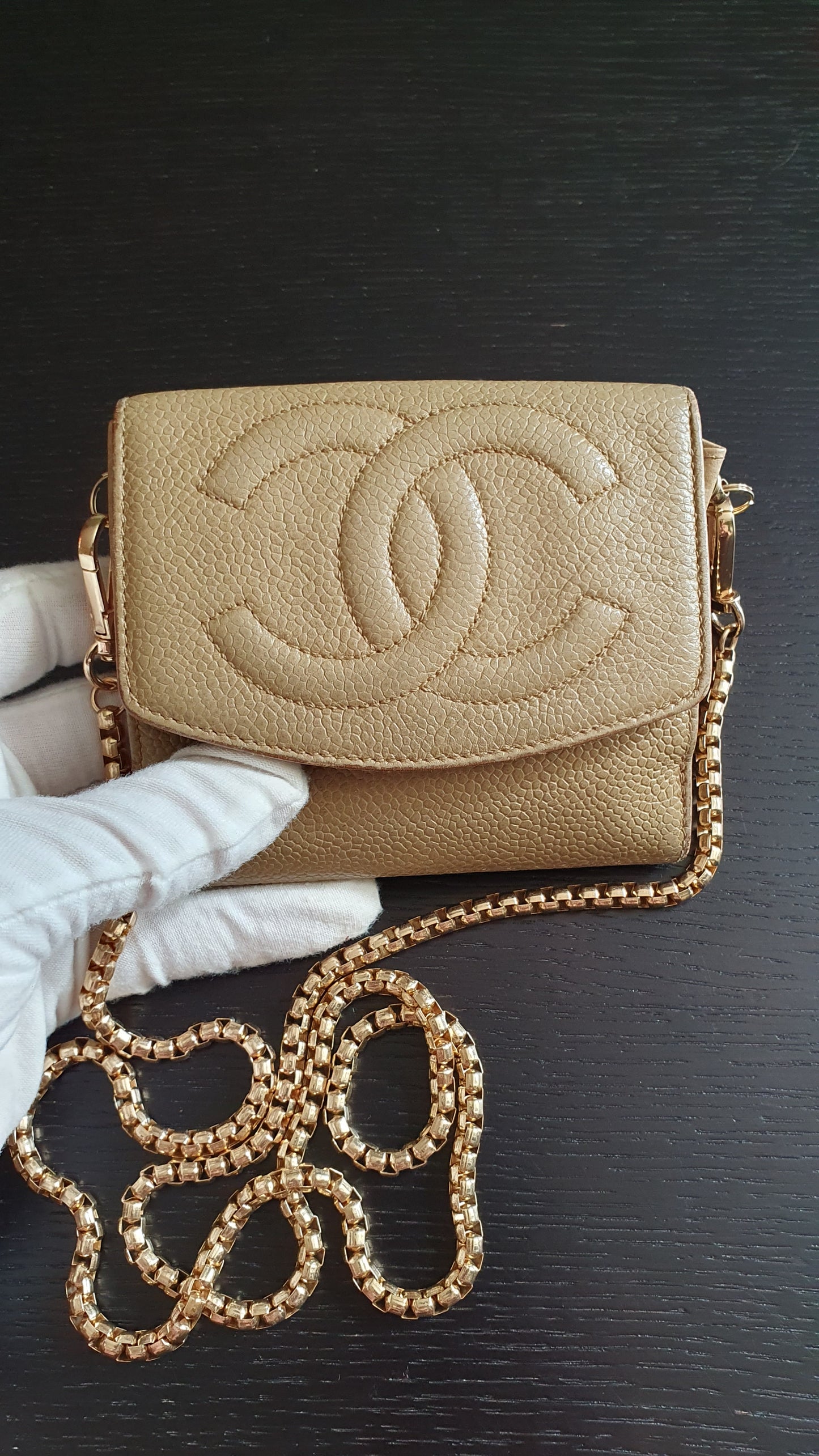 Authentic Chanel Upcycle (Tan) Small Compact Caviar Wallet with Chain