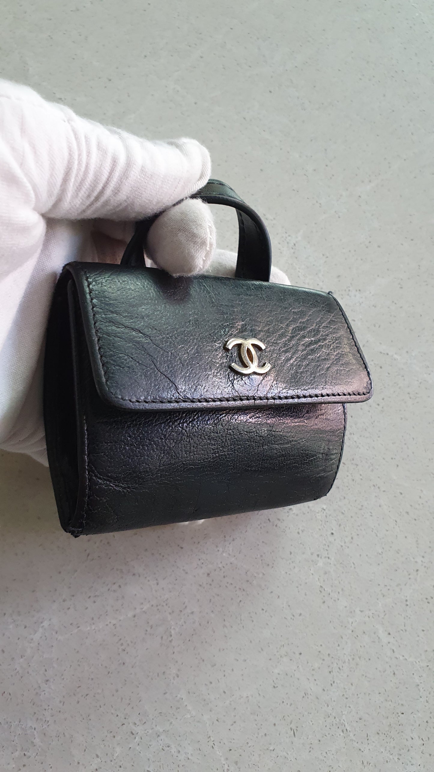 Authentic Chanel Upcycle Mini Black Leather Wallet with Single Handle