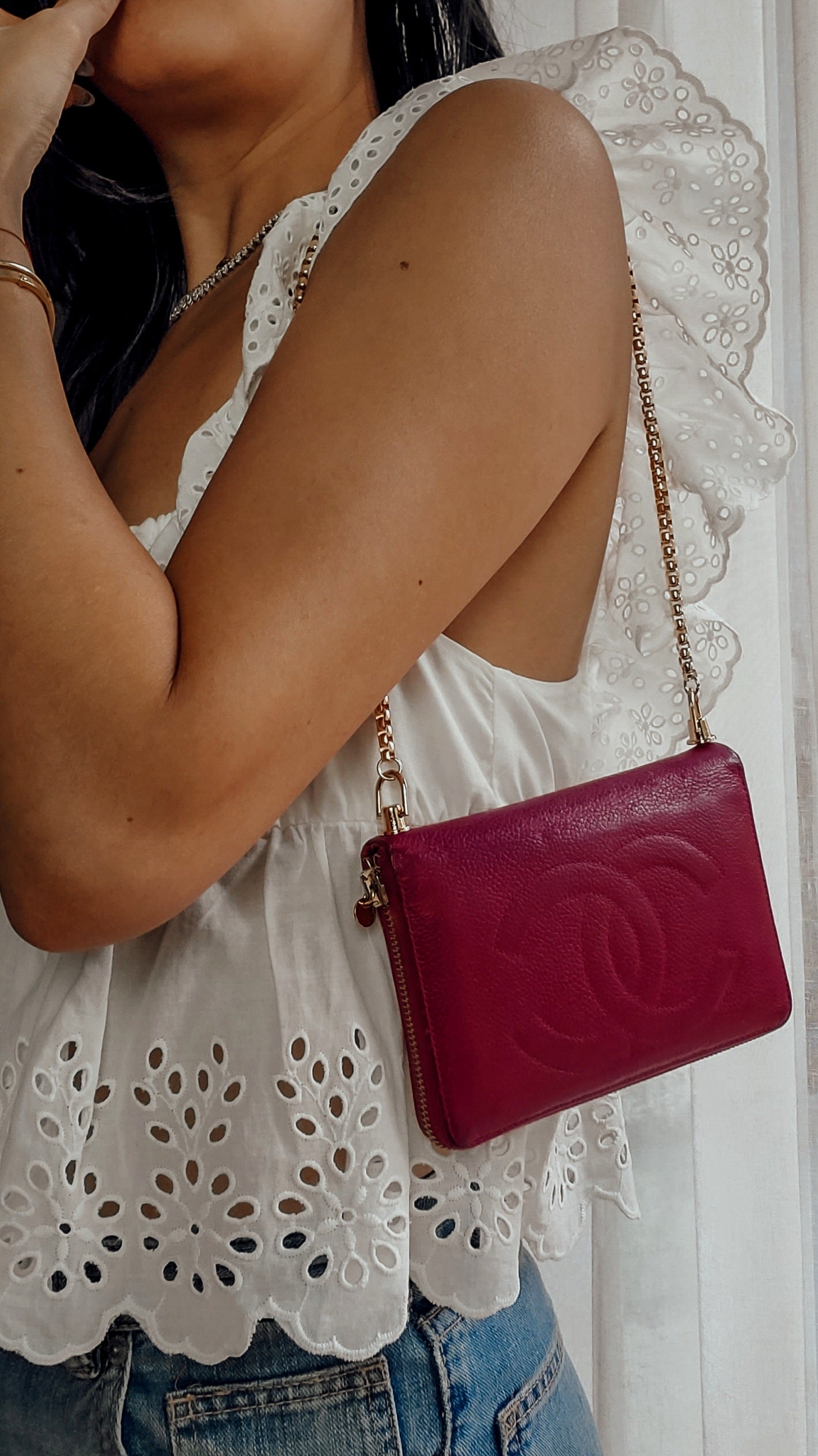 Authentic Chanel Upcycle Pink Caviar Zip Wallet with Shoulder Chain