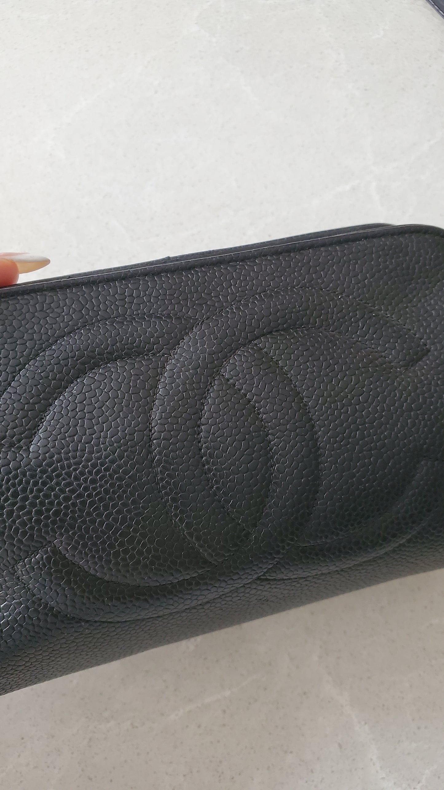 Authentic Vintage Chanel Upcycle Black Caviar Perfect Size Pouch with Strap