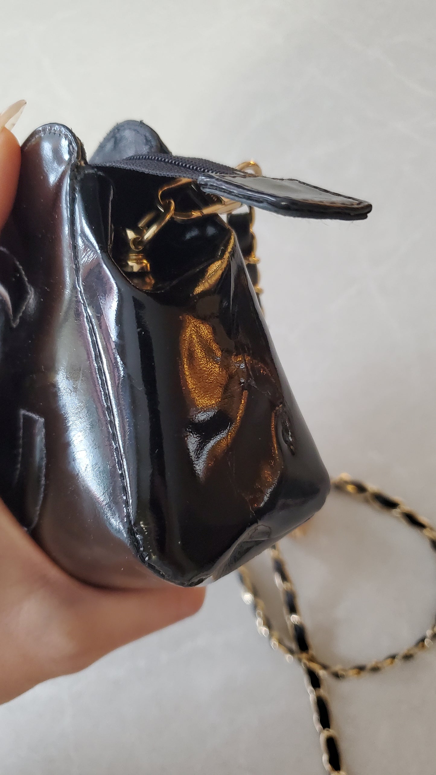 Authentic Vintage Chanel Upcycle Black Patent Pouch with Chain