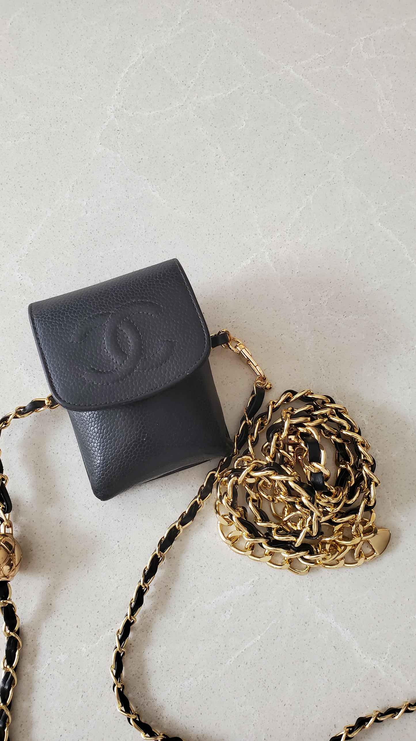Authentic Vintage Chanel Upcycle Versatile Black Caviar Small Pouch on Chain (2 chains option)
