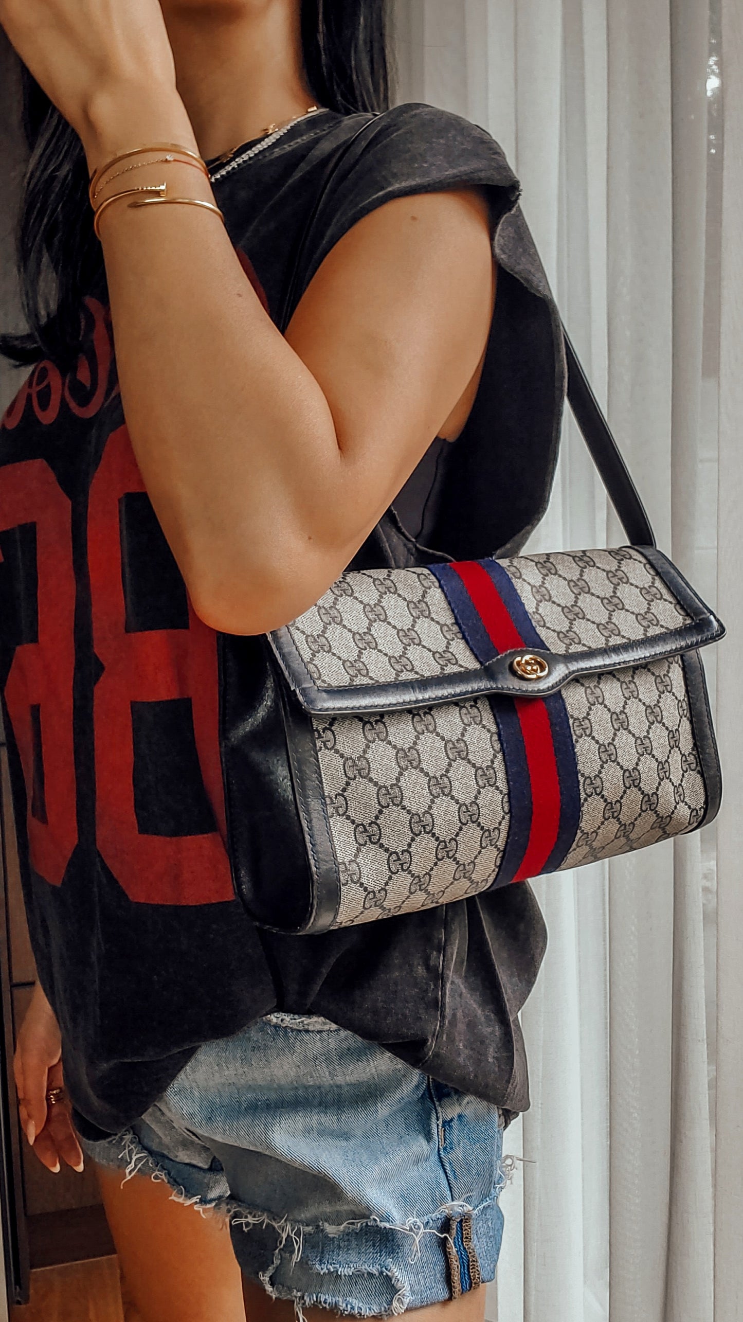 Authentic Vintage Gucci Upcycle (Dark Navy) Large Purse with Shoulder Strap