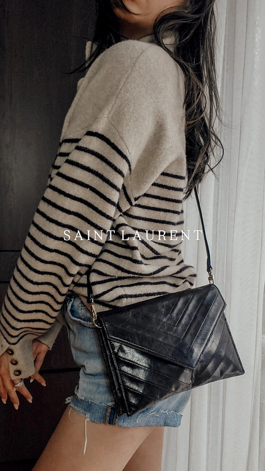 Authentic Vintage YSL Yves Saint Laurent Upcycle Black Leather Multi Compartments Purse with Straps