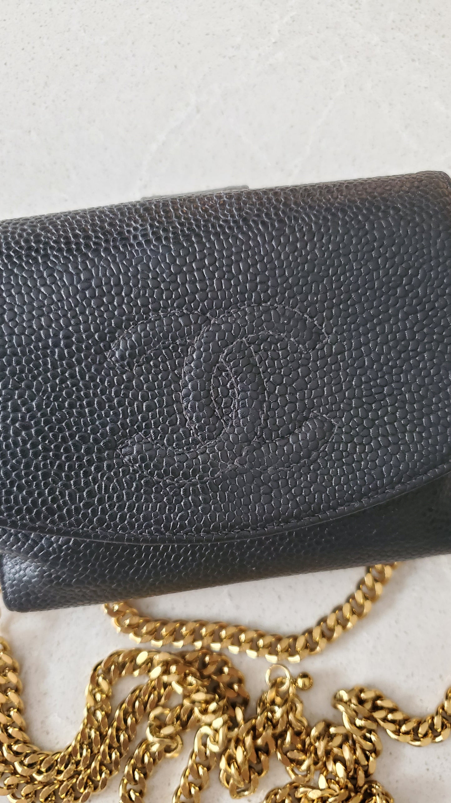 Authentic Vintage Chanel Upcycle Black Caviar Compact Wallet on Chain