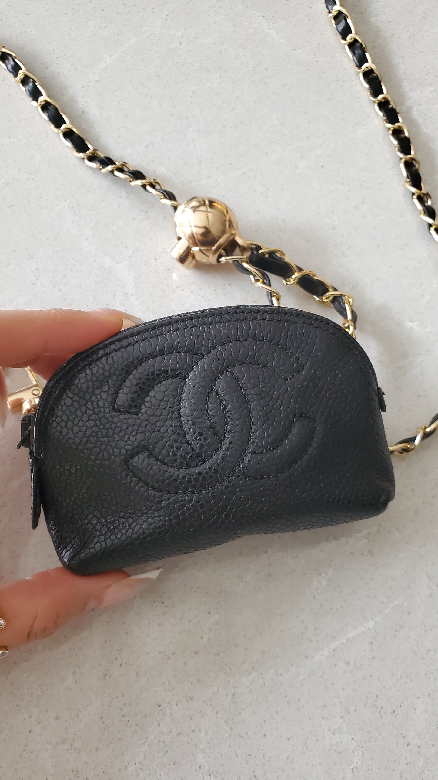 Authentic Vintage Chanel Upcycle Versatile Black Caviar Mini Pouch on Chain