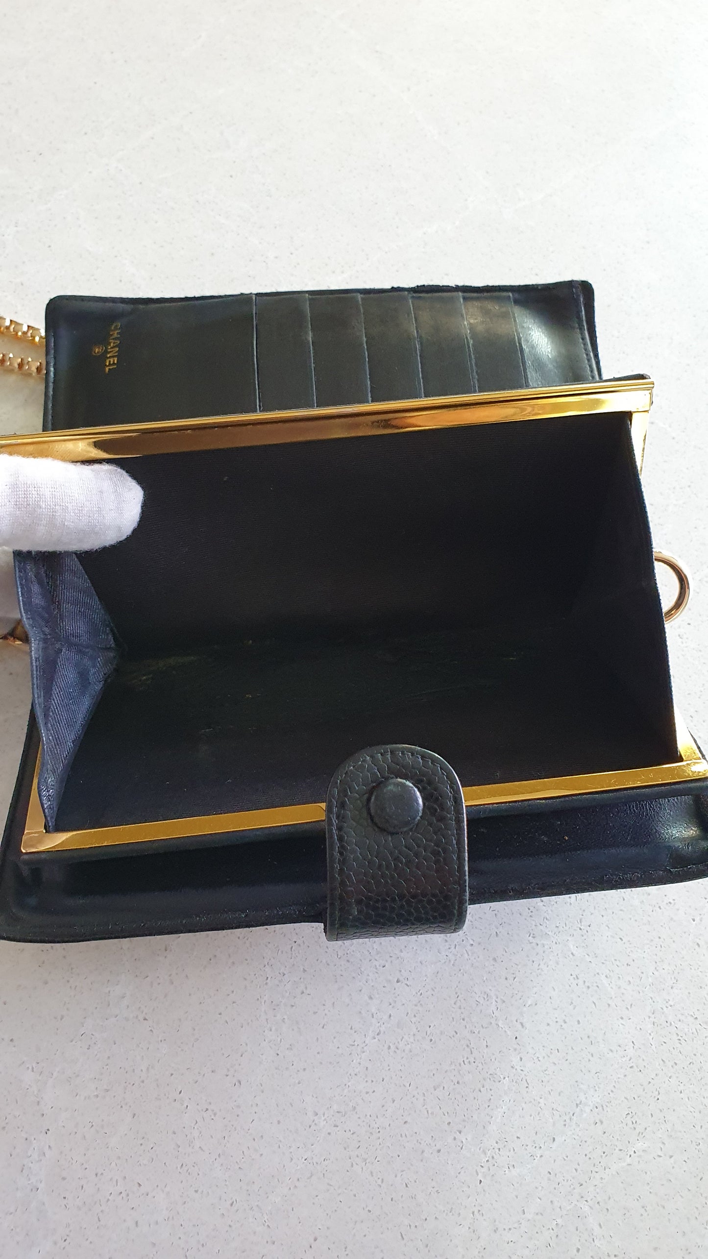 Authentic Chanel Upcycle Black Caviar Long Wallet with Strap & Chain