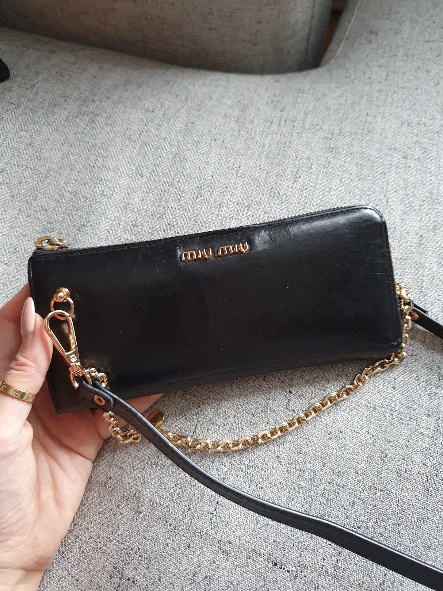 *New Drop* Authentic Miu Miu Upcycle Long Black Leather Wallet on Strap & Chain