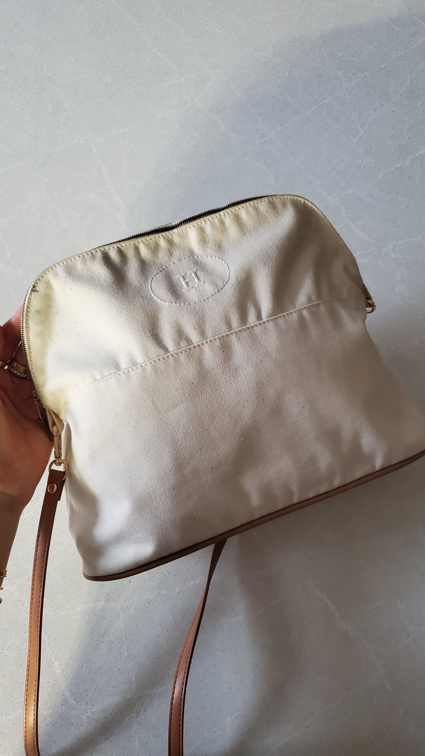 Authentic Hermès Upcycle Large Cream Canvas Bag on Strap