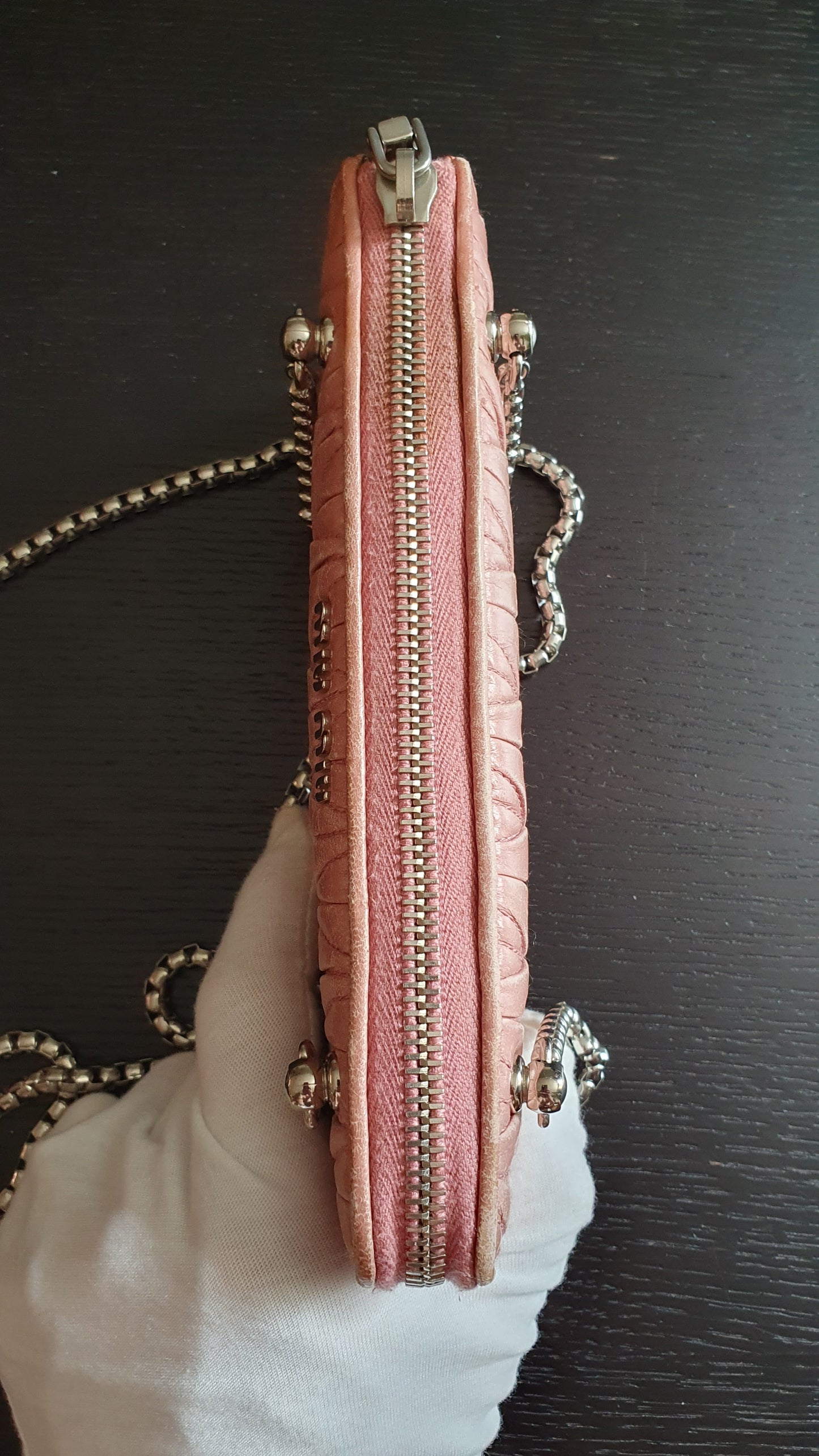 Authentic Miu Miu Upcycle Pink Zip Wallet with Shoulder Chains