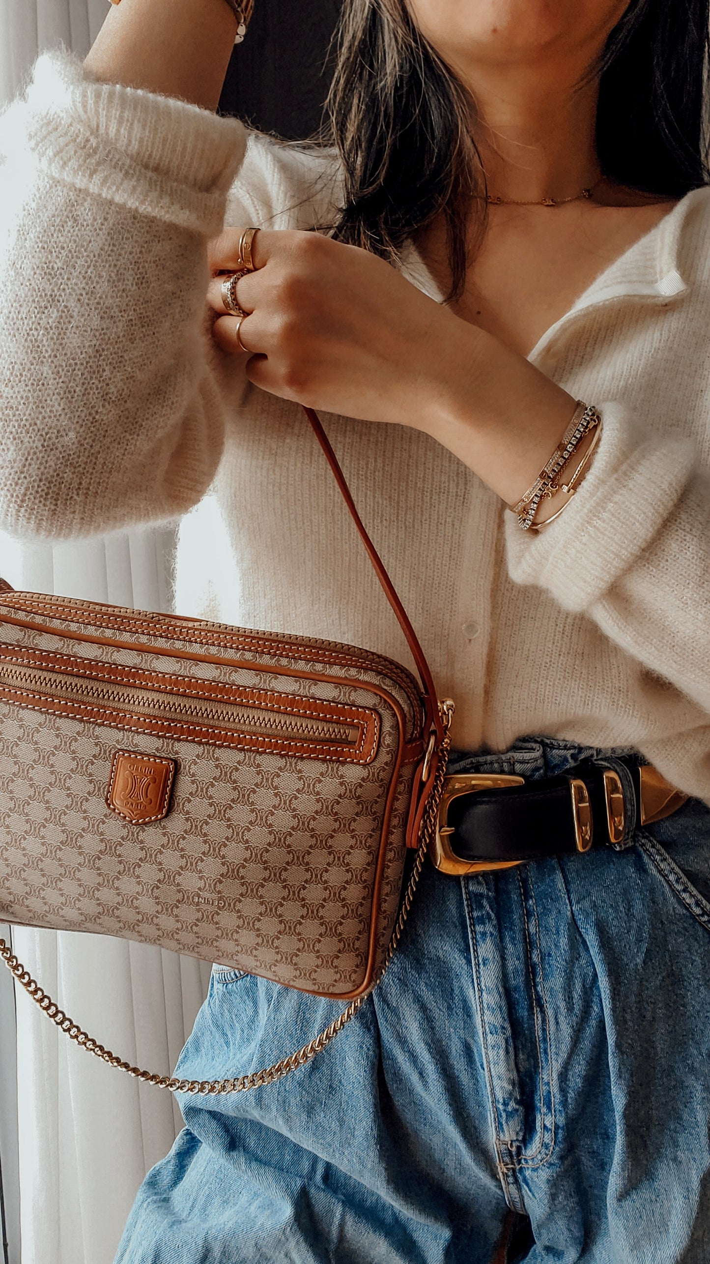 Authentic Vintage Celine Upcycle Tan Shoulder Purse with Chain & Strap