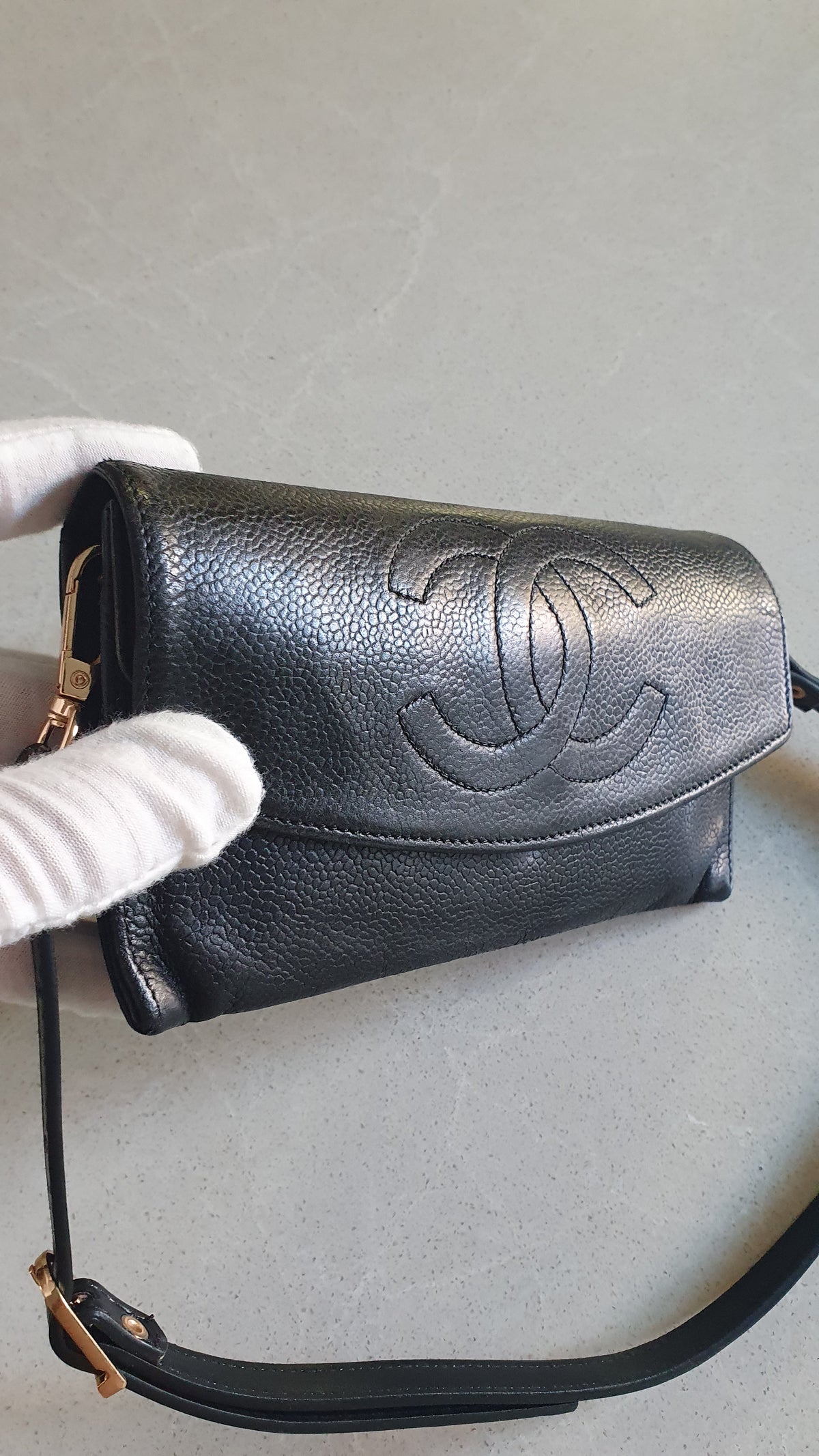 Authentic Vintage Chanel Upcycle Black Caviar Shoulder Wallet with Strap