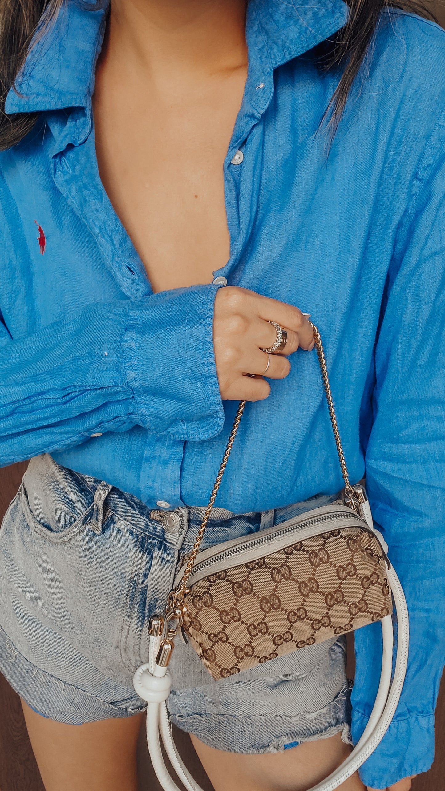 Authentic Vintage Gucci Upcycle Tan Fabric Pouch on Chain & Strap