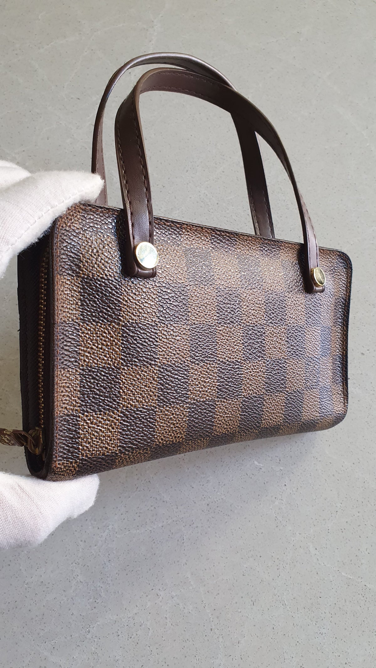Authentic Vintage Louis Vuitton Upcycle Brown Damier Zip Wallet with Two Handles