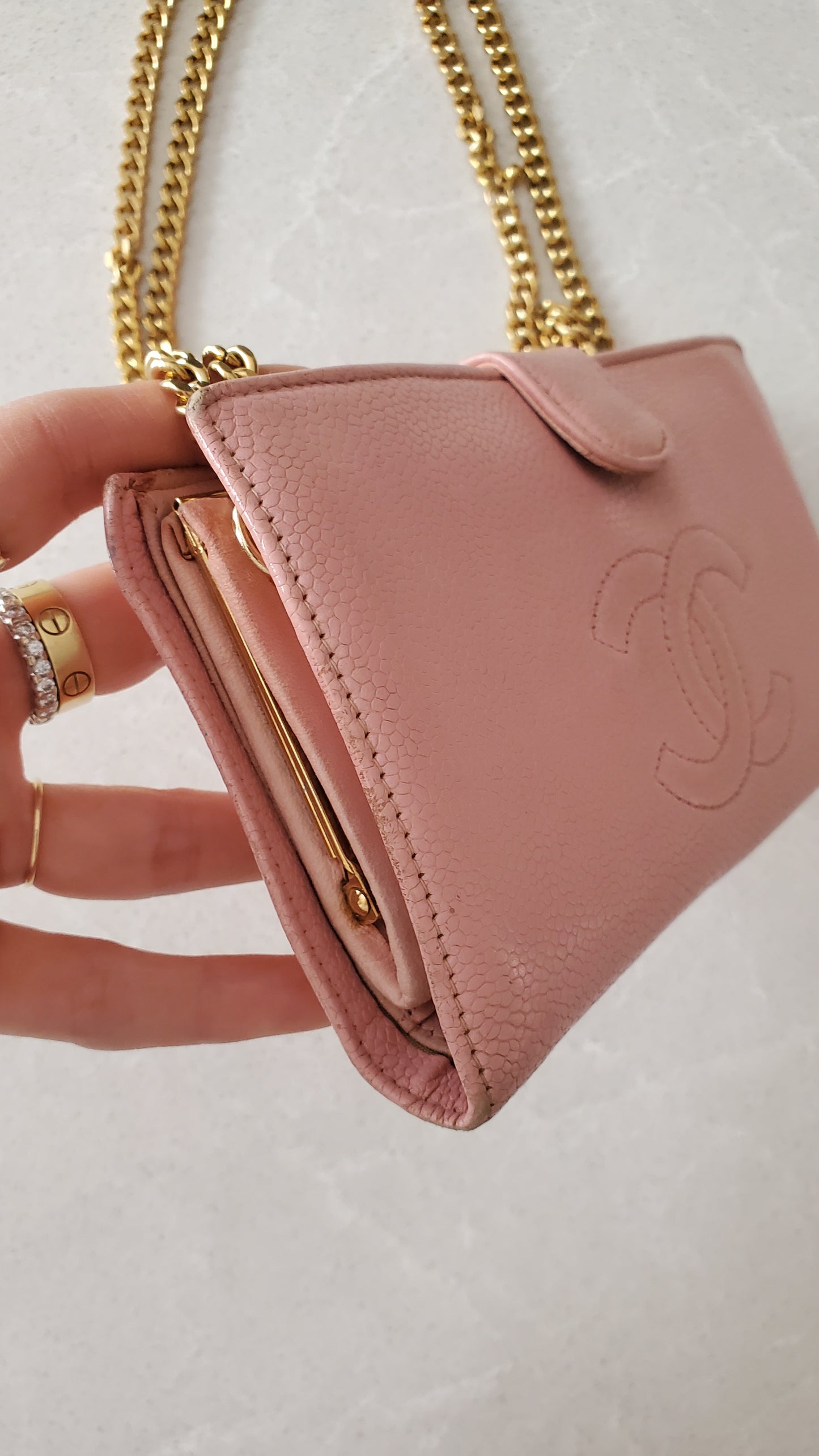 Authentic Chanel Upcycle Pink Caviar Wallet on Chain