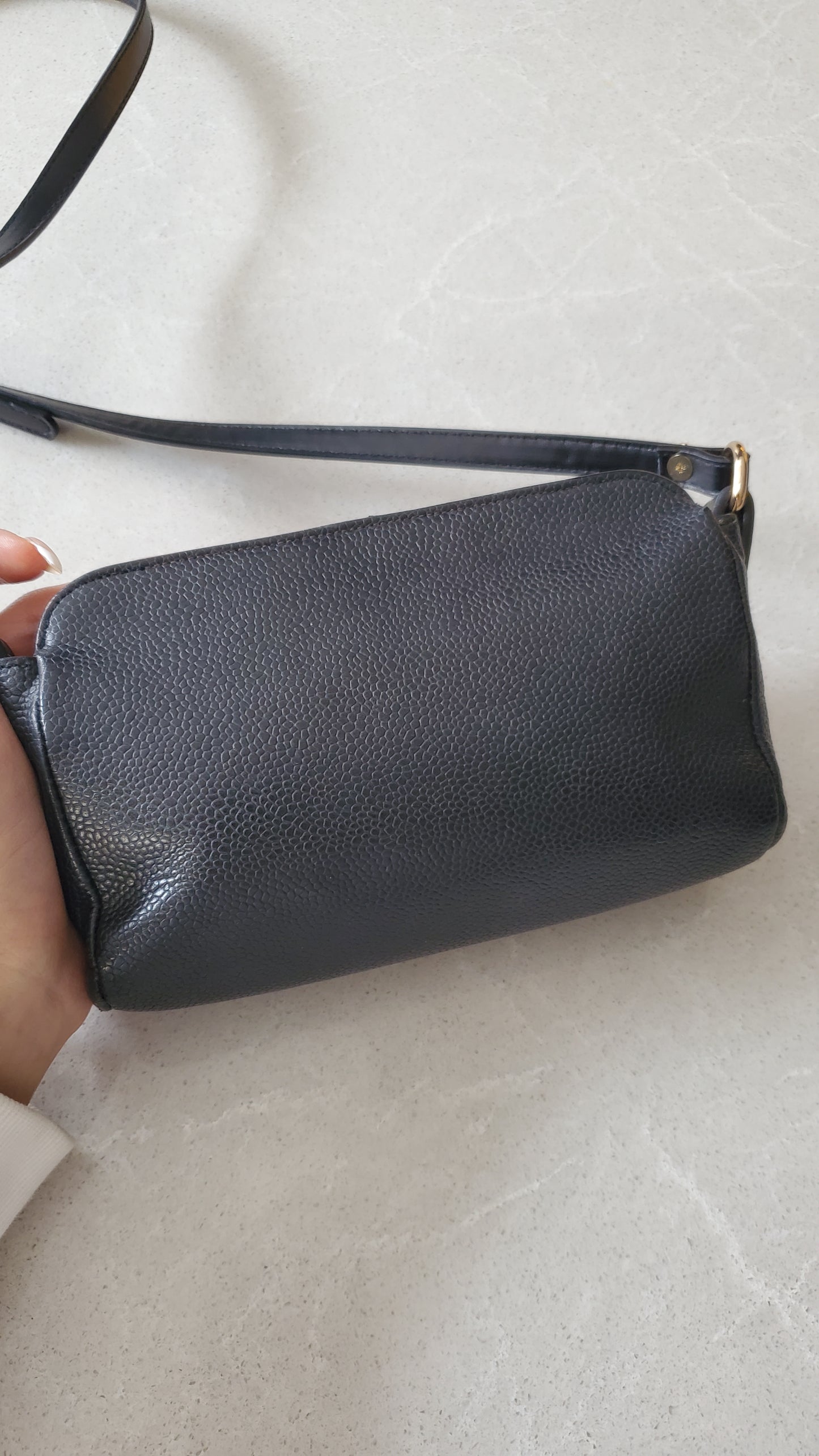 Authentic Vintage Chanel Upcycle Black Caviar Perfect Size Pouch with Strap