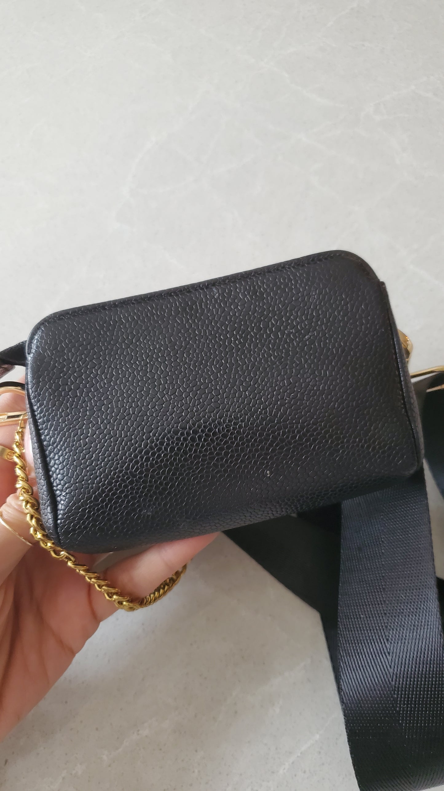 Authentic Chanel Upcycle Black Caviar Small Pouch on Chain & Strap