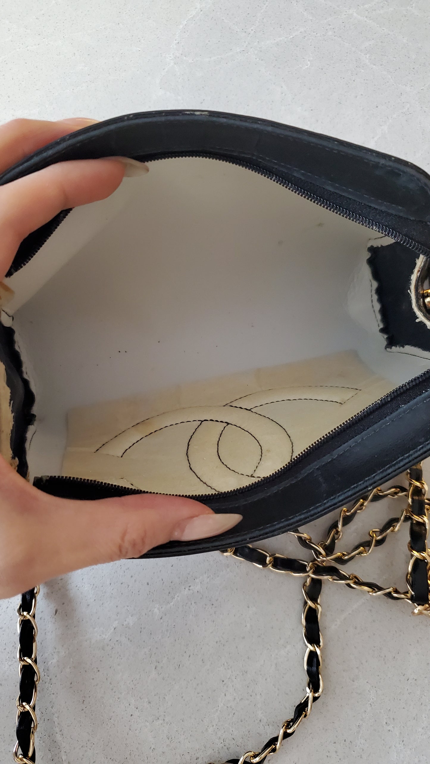 Authentic Vintage Chanel Upcycle Black Patent Pouch with Chain