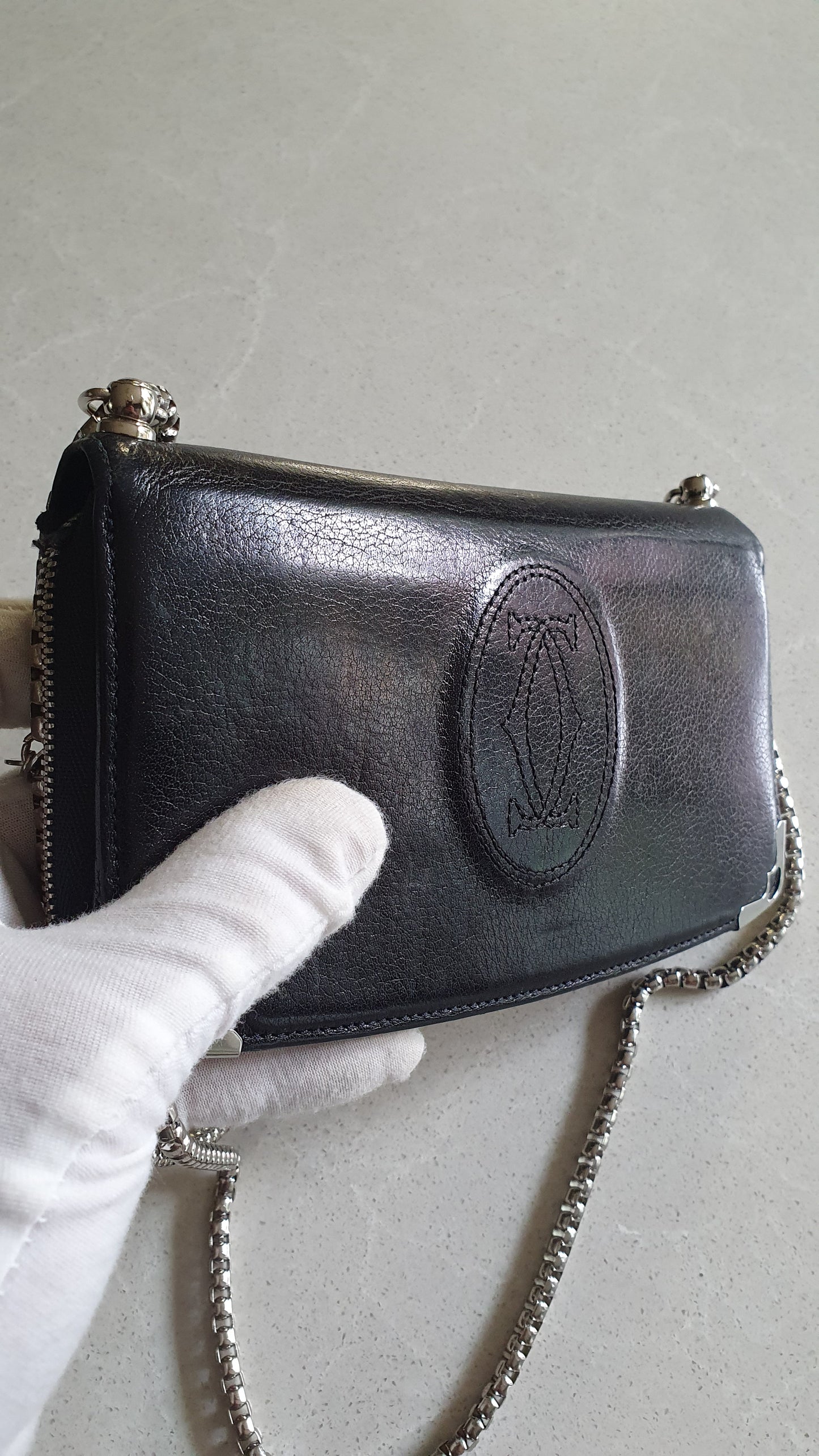 Authentic Vintage Cartier Upcycle Black Leather Wallet with Chain