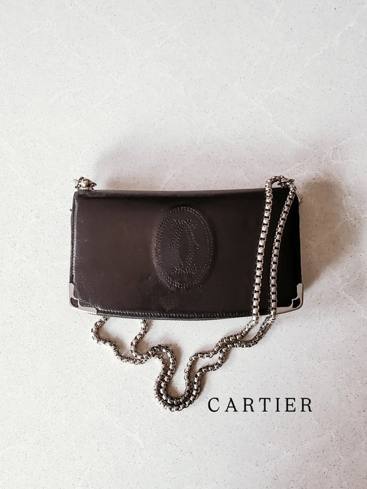 Authentic Vintage Cartier Upcycle Black Leather Wallet with Chain