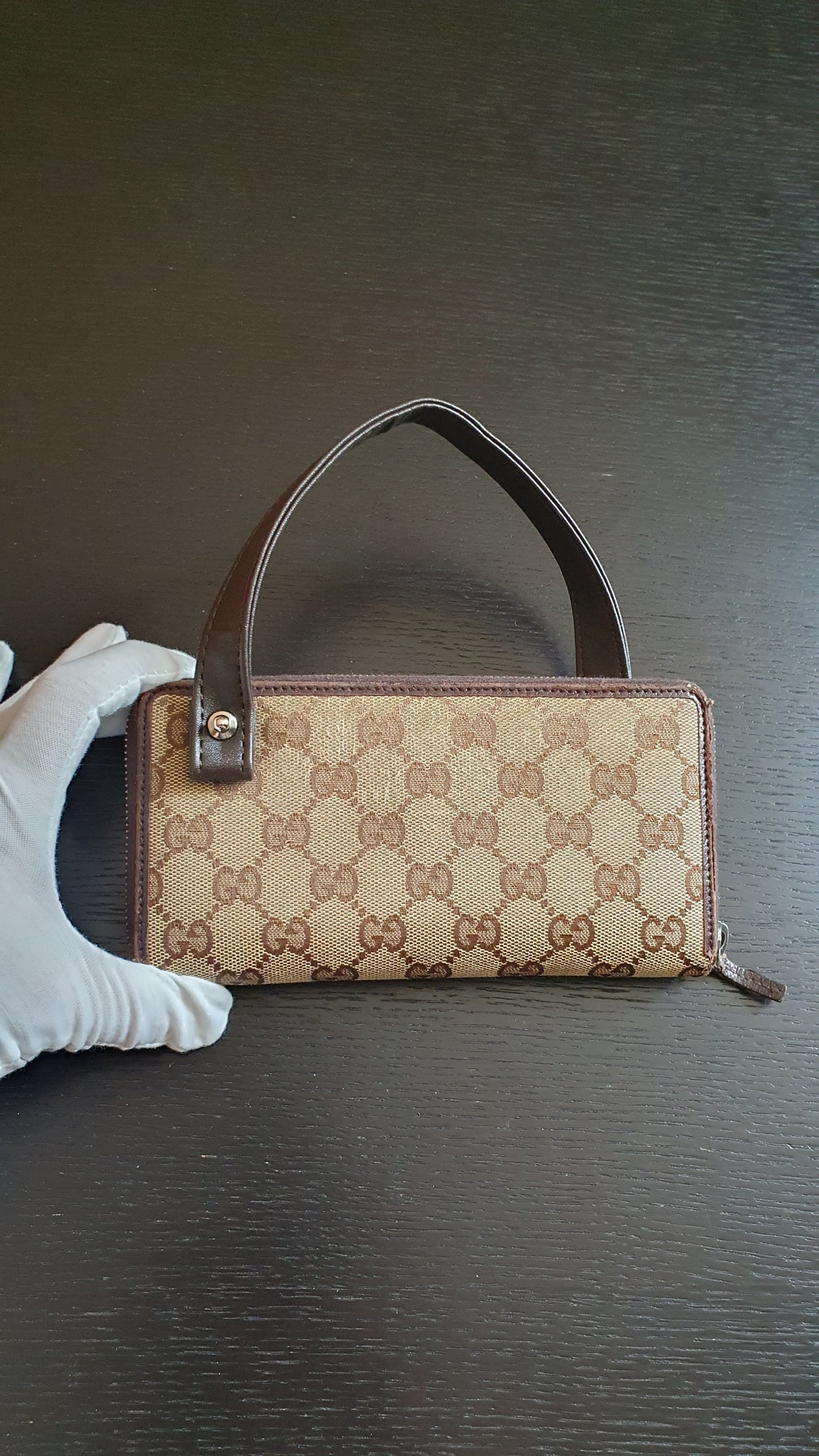 Authentic Vintage Gucci Upcycle Brown Zip Wallet with Single Strap