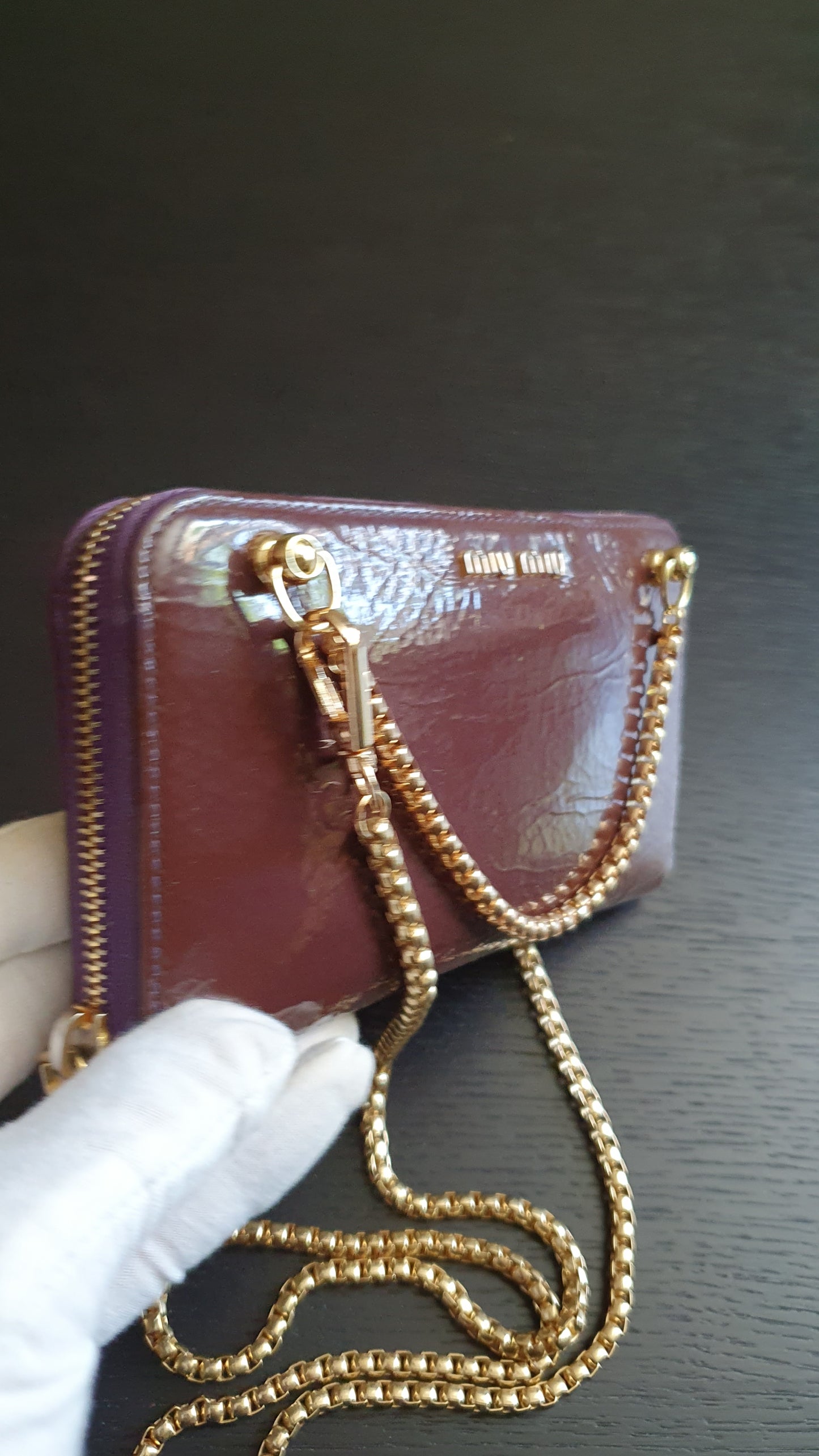 Authentic Miu Miu Upcycle Long Zip Patent Wallet with Chains
