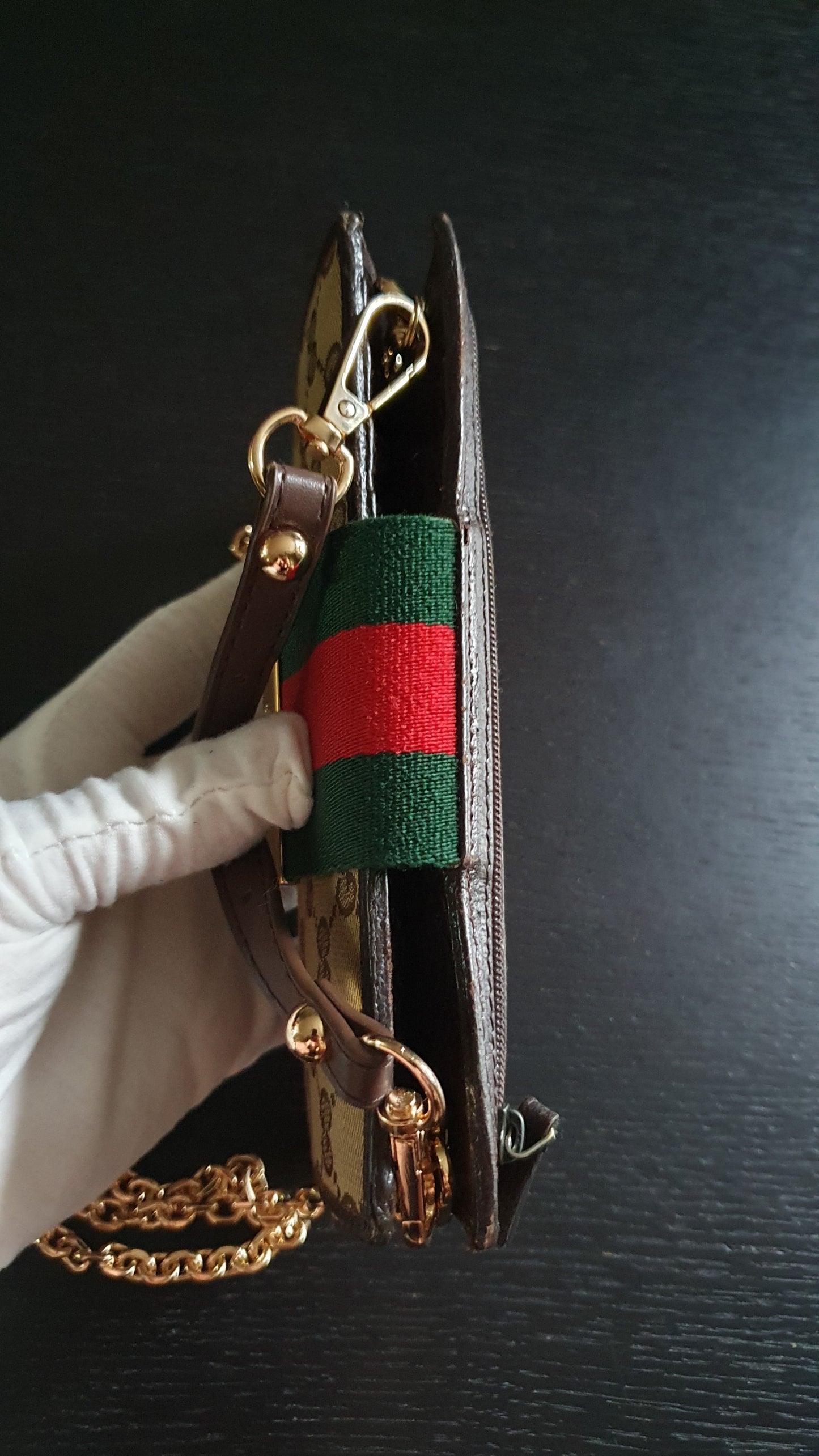 Authentic Gucci Upcycle Canvas Wallet with Strap and Chain