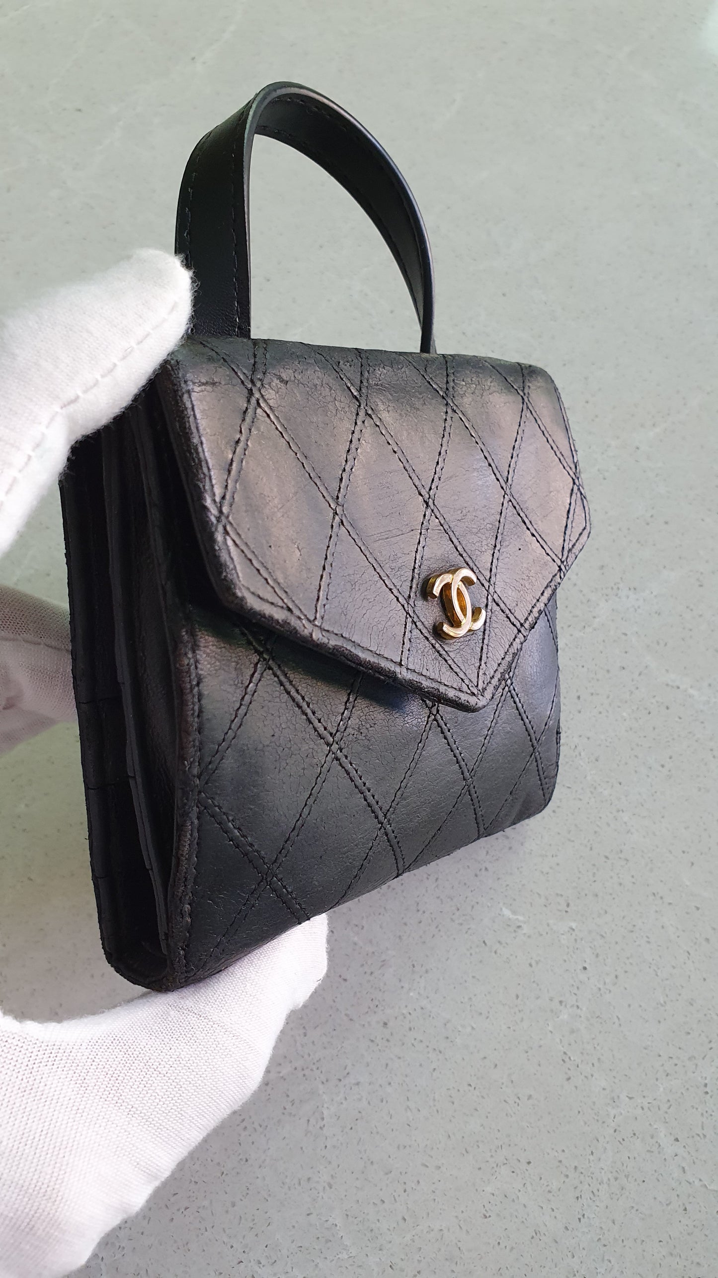 Authentic Chanel Upcycle Small Black Compact Wallet with Single Handle