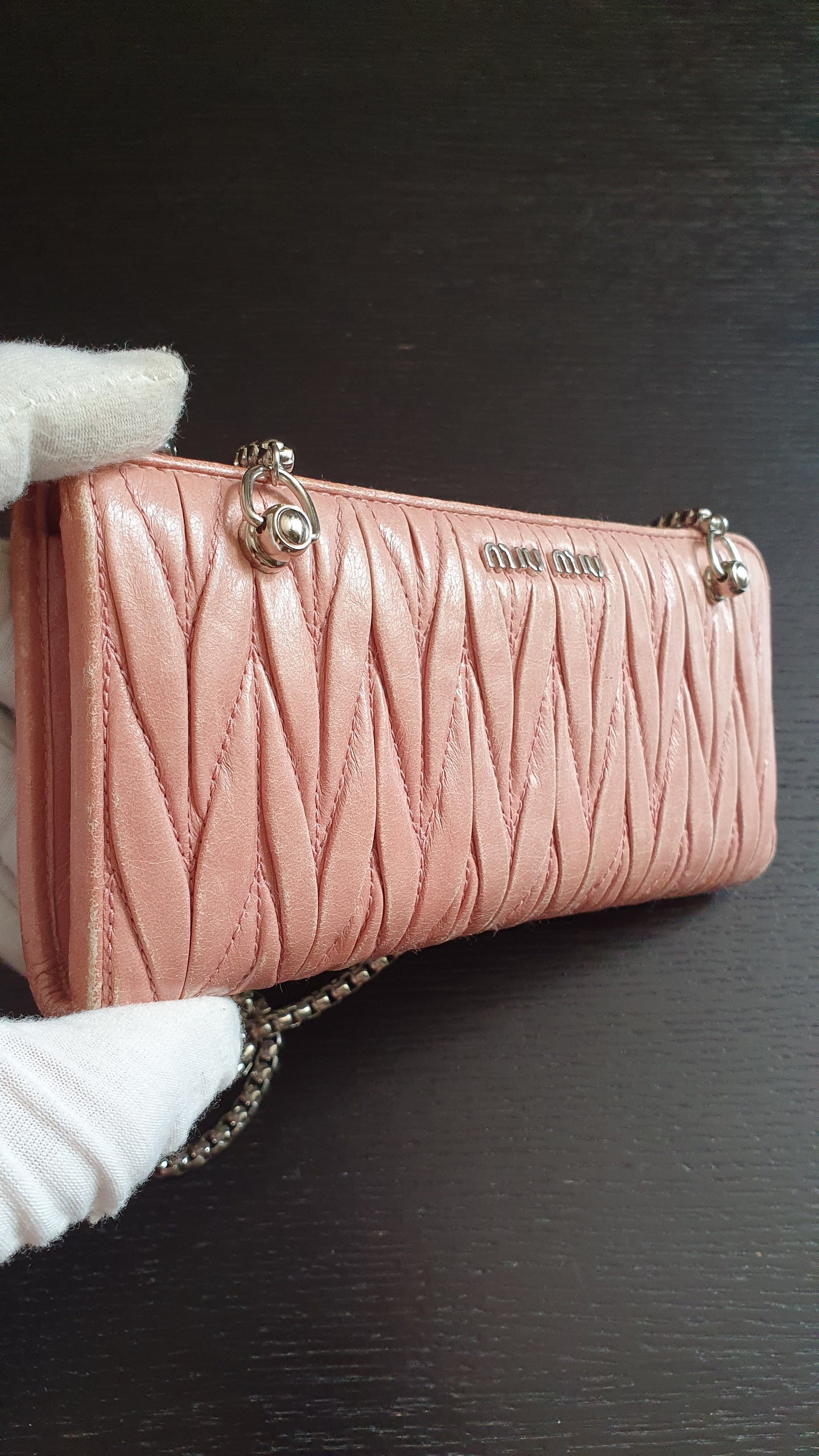 Authentic Miu Miu Upcycle Pink Zip Wallet with Shoulder Chains