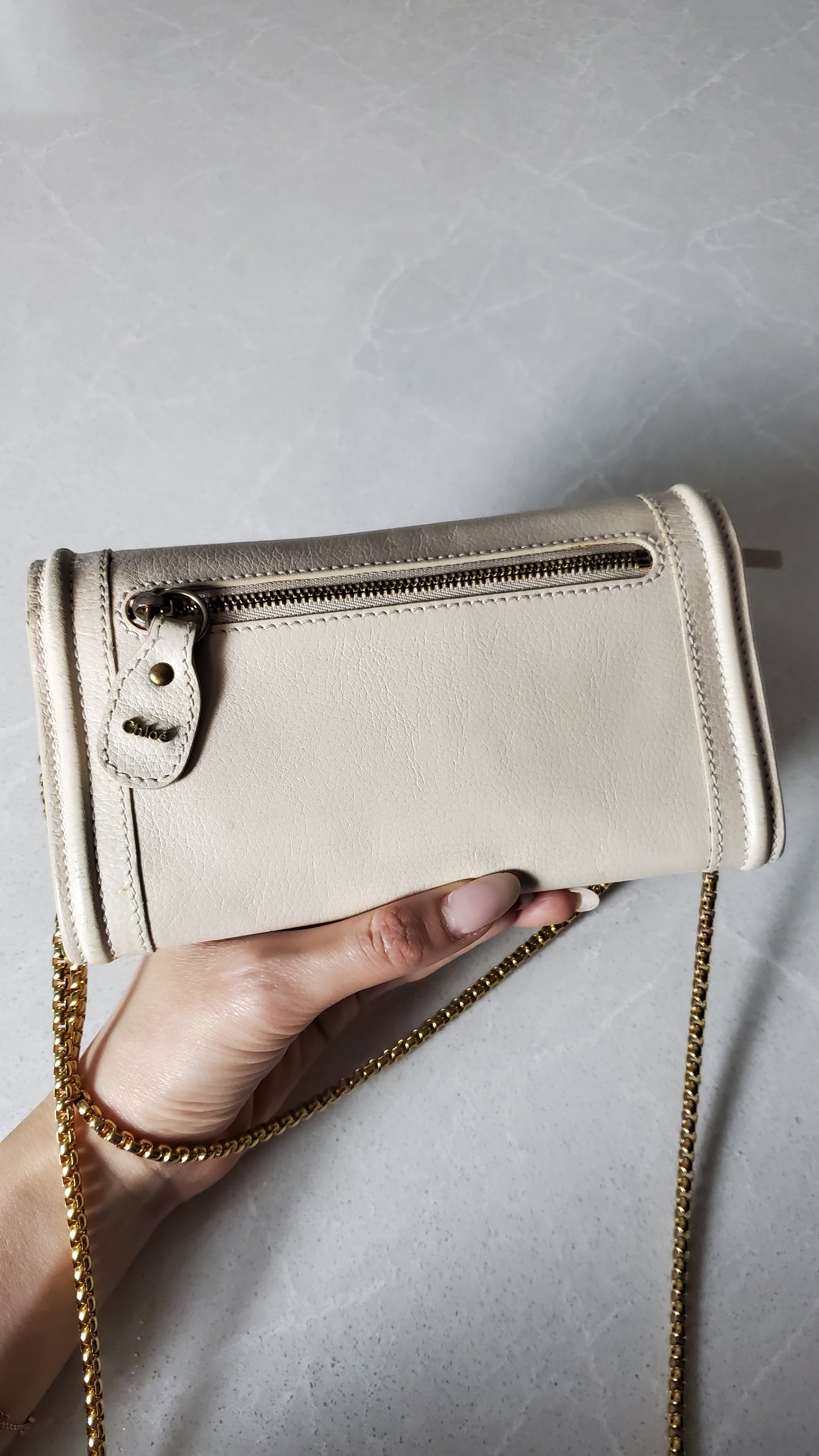 Authentic Chloe Upcycle Cream Leather Wallet with Chain