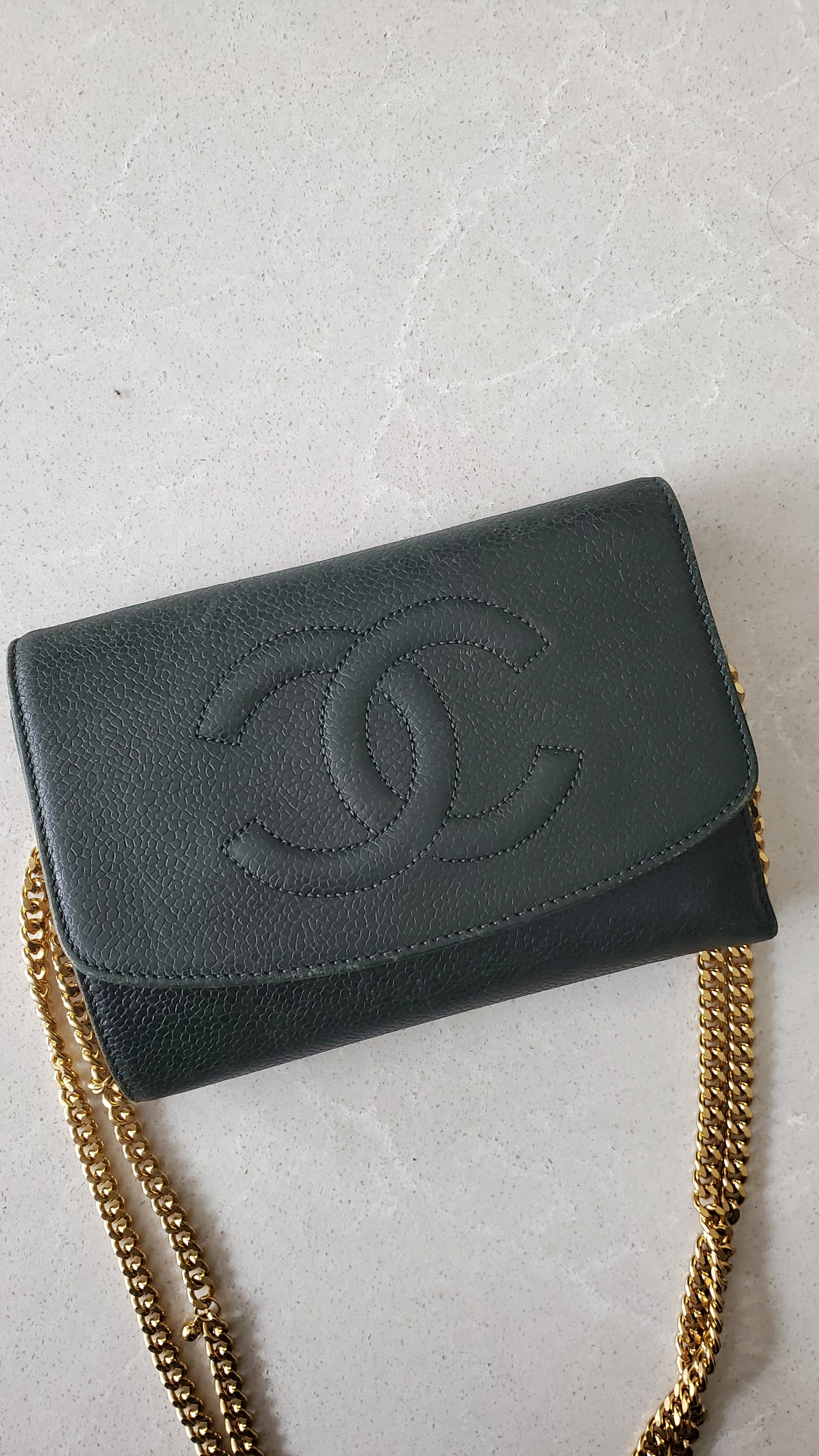 Authentic Chanel Upcycle Green Caviar Wallet on Chain