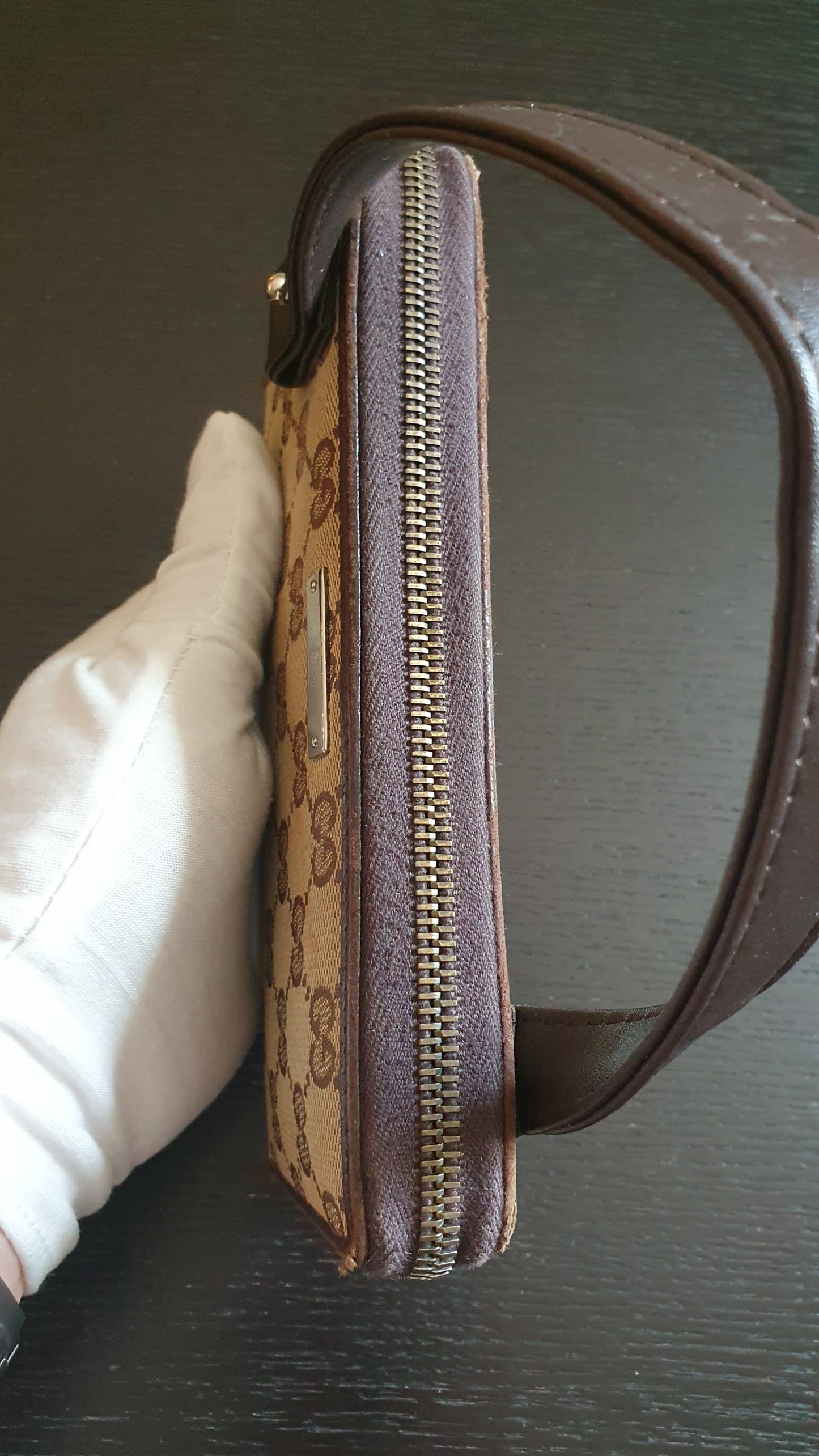 Authentic Vintage Gucci Upcycle Brown Zip Wallet with Single Strap