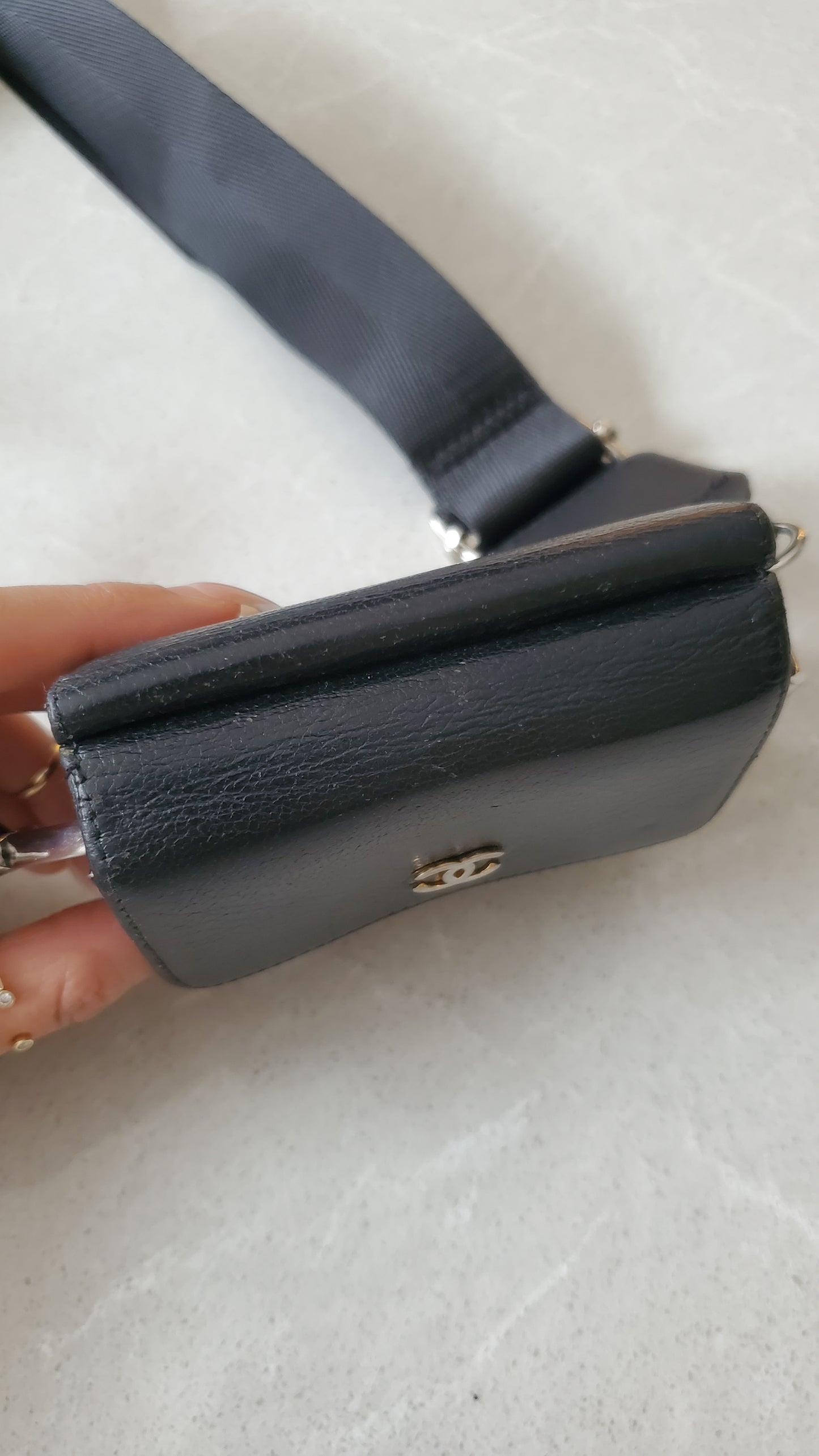 Authentic Chanel Upcycle Black Caviar Compact a Wallet with Strap