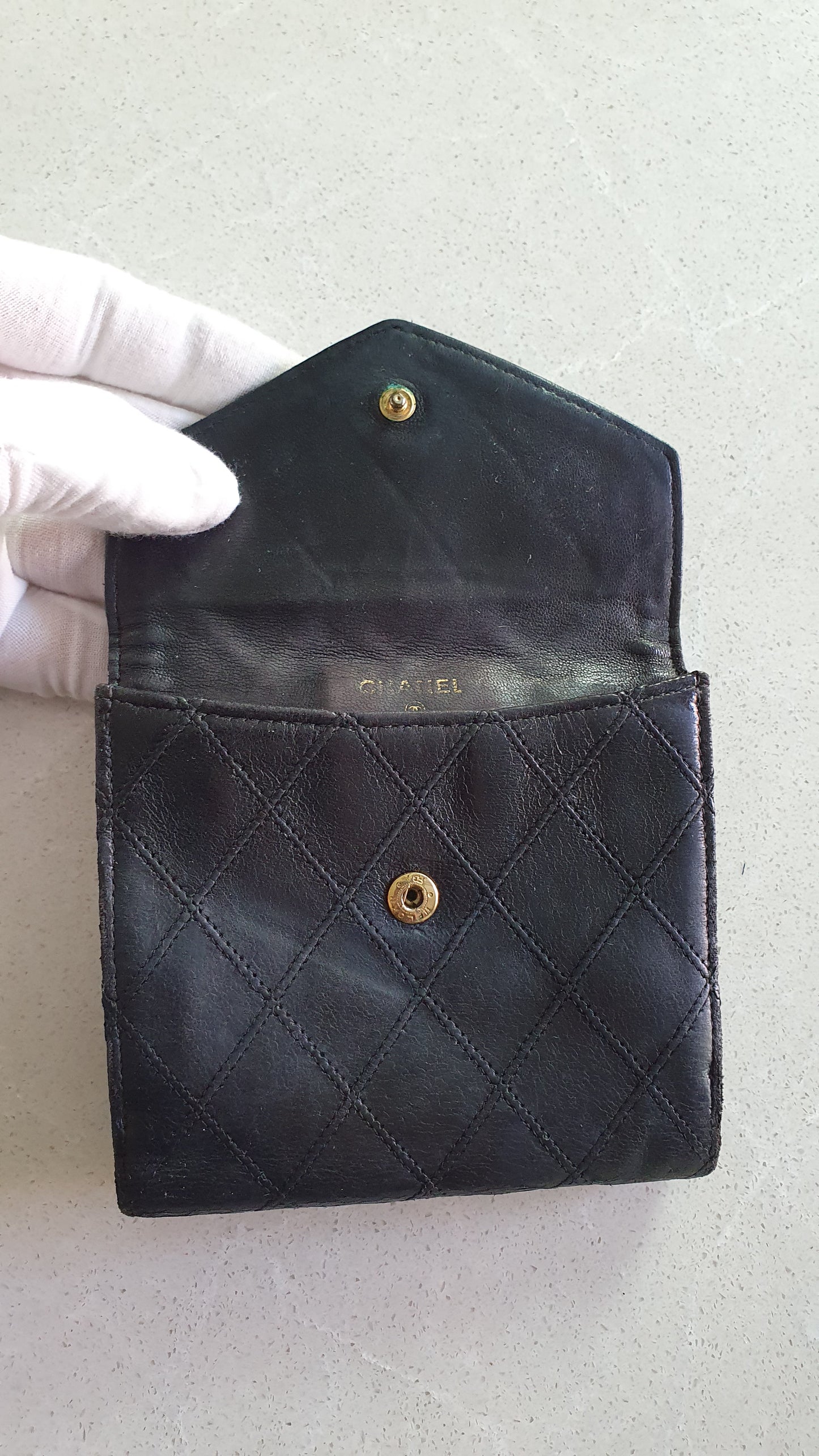Authentic Chanel Upcycle Small Black Compact Wallet with Single Handle