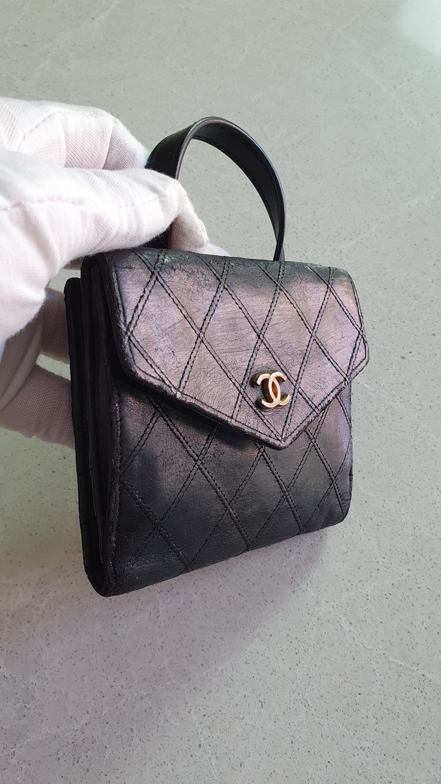 Authentic Chanel Upcycle Small Black Compact Wallet with Single Handle