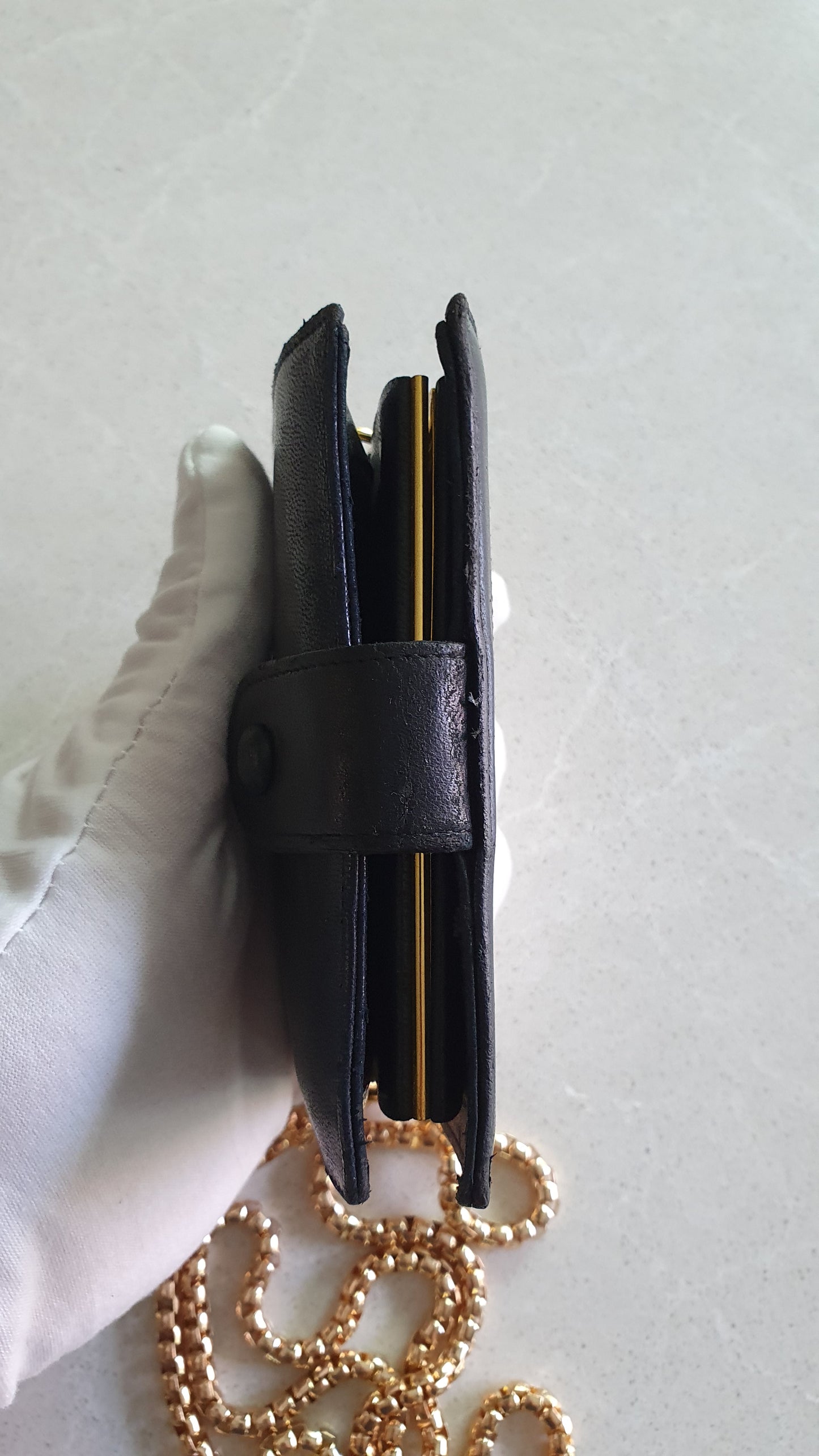 Authentic Chanel Upcycle Small Black Leather Wallet with Strap and Chain