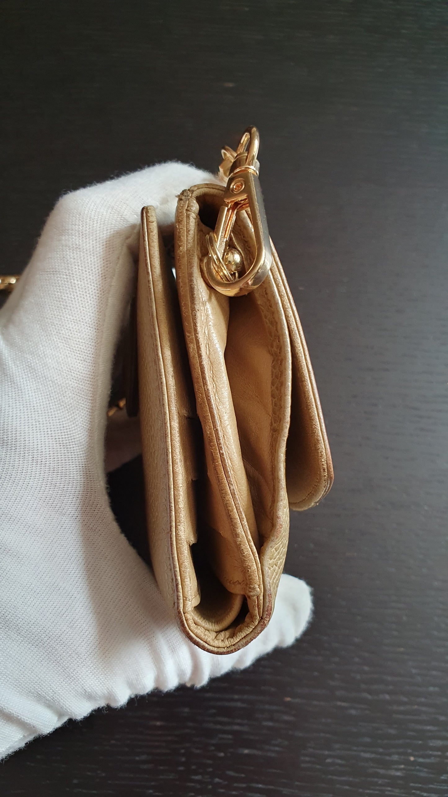 Authentic Chanel Upcycle (Tan) Small Compact Caviar Wallet with Chain