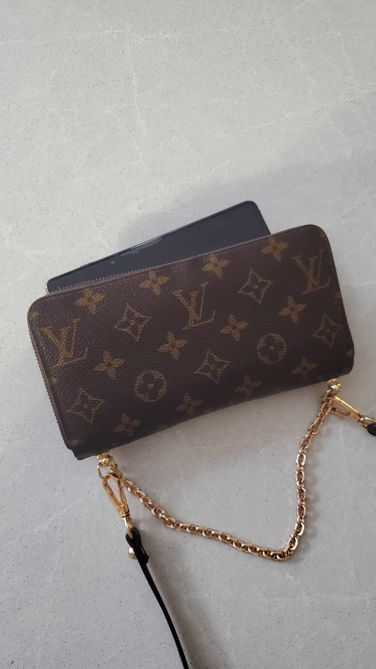 Authentic Louis Vuitton Upcycle Zip Up Wallet with Shoulder Strap and Chain