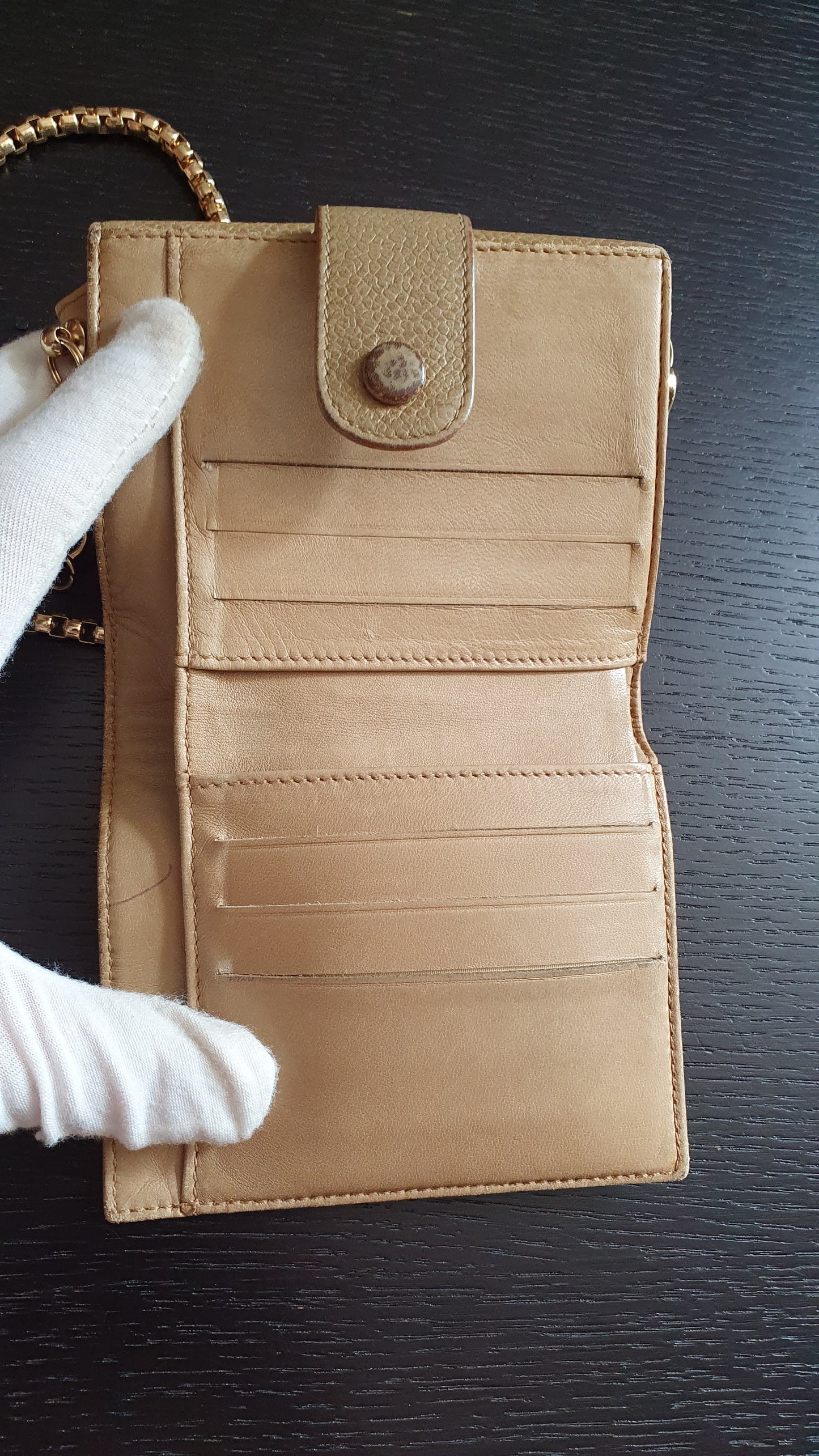Authentic Chanel Upcycle (Tan) Small Compact Caviar Wallet with Chain
