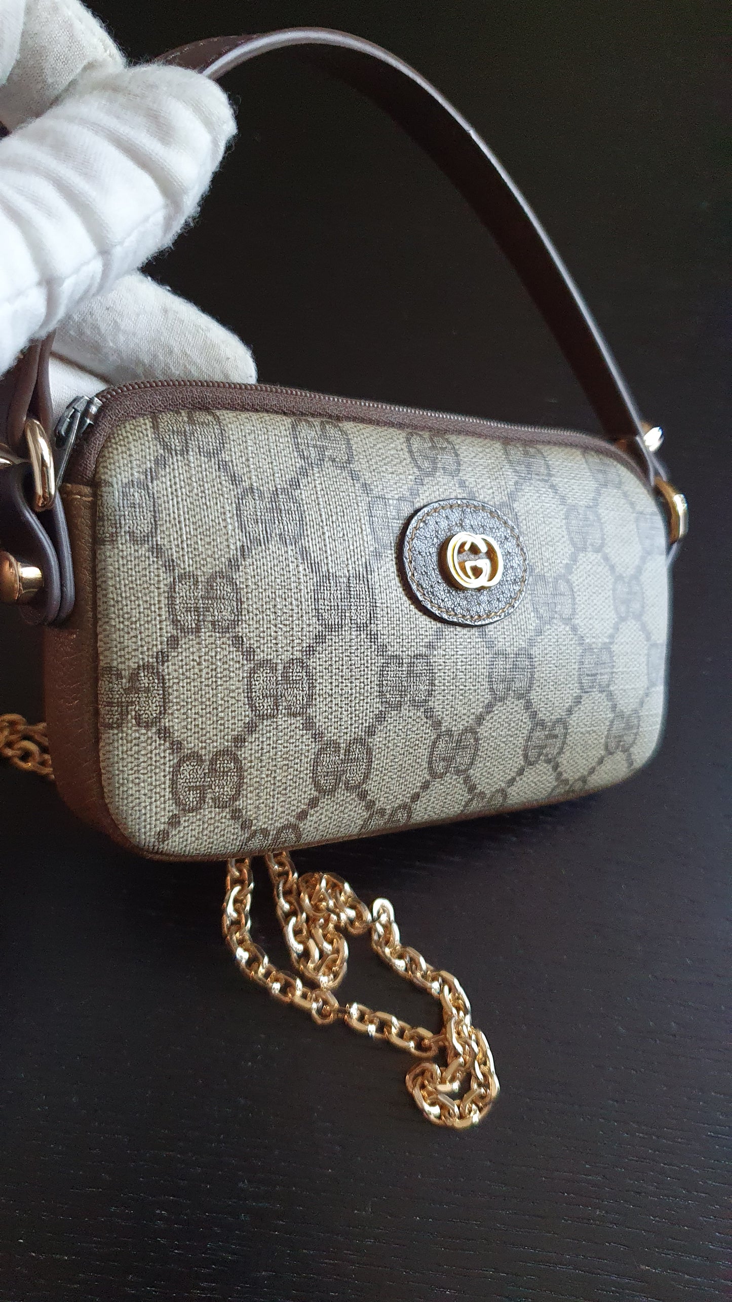 Authentic Vintage Gucci Upcycle Small Brown Pouch with Chain & Strap