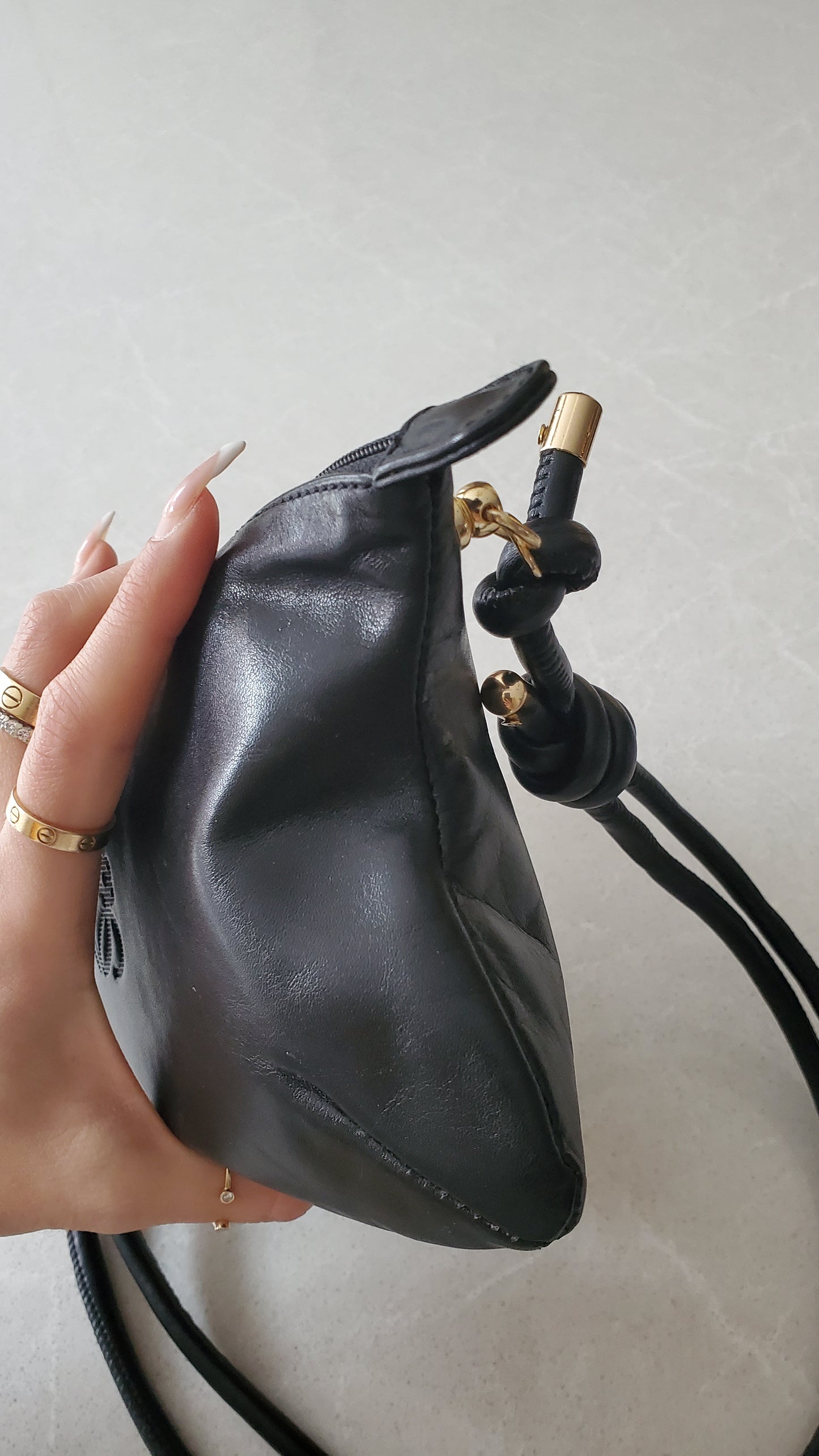 Authentic Vintage Loewe Upcycle Black Leather Perfect Size Pouch with Strap