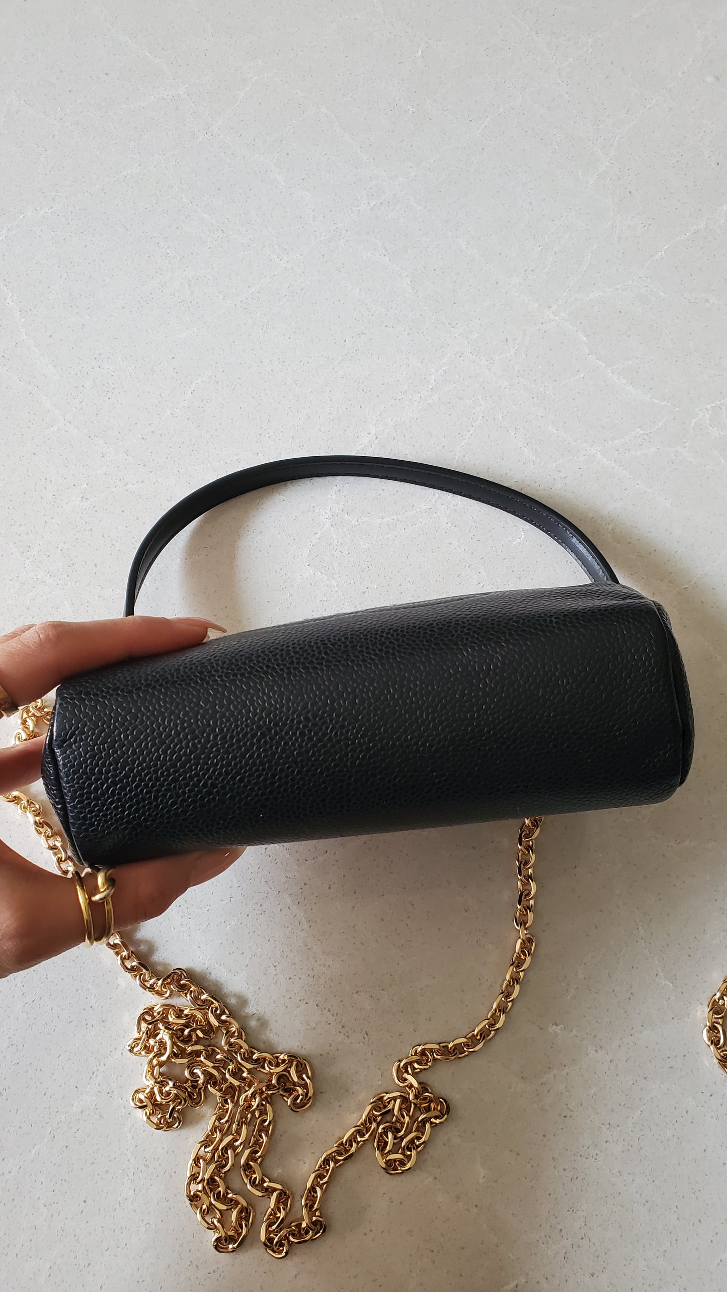 Authentic Vintage Chanel Caviar Perfect Size Upcycle Pouch/ Purse with Handle Strap & Chain