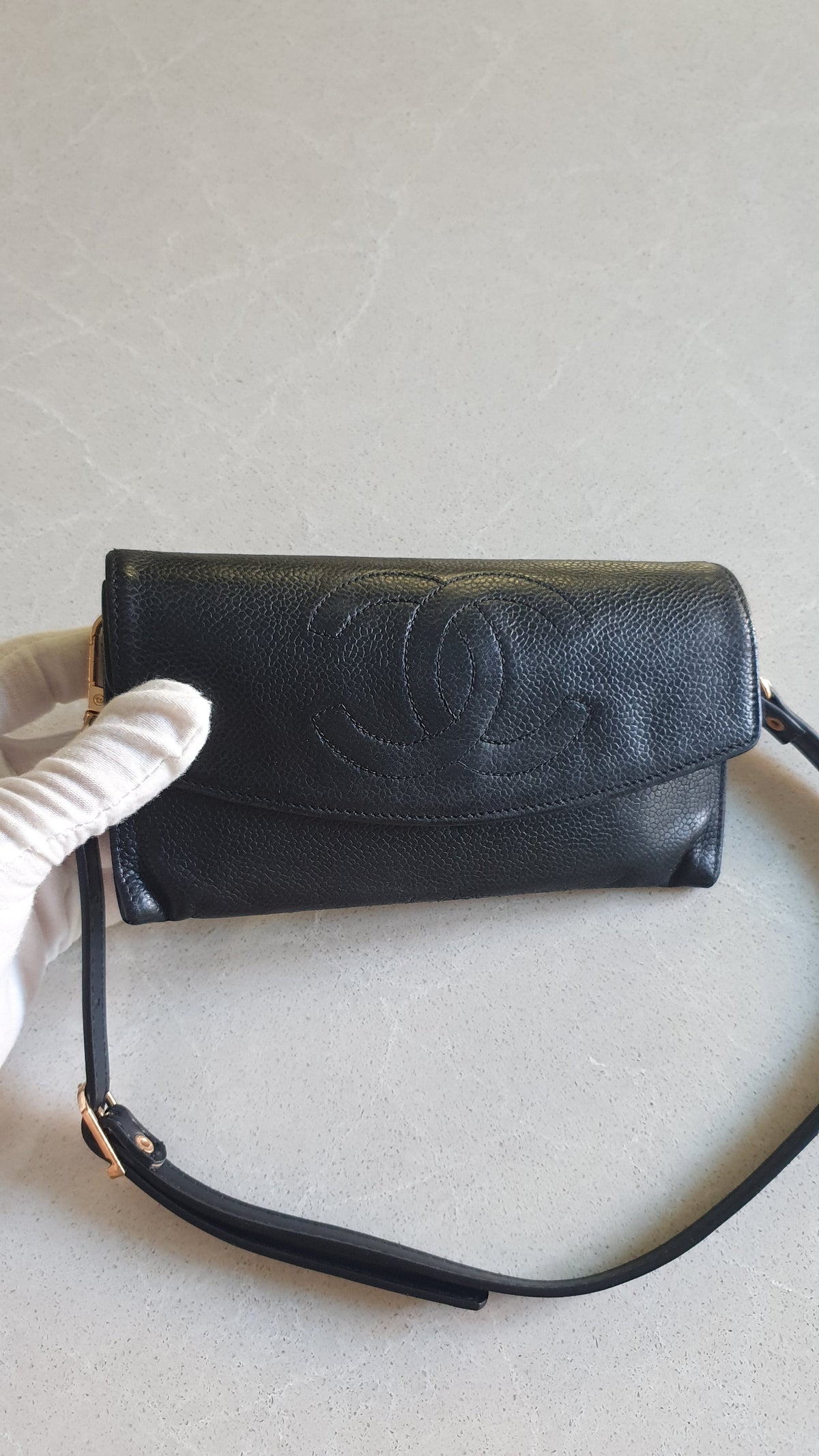 Authentic Vintage Chanel Upcycle Black Caviar Shoulder Wallet with Strap