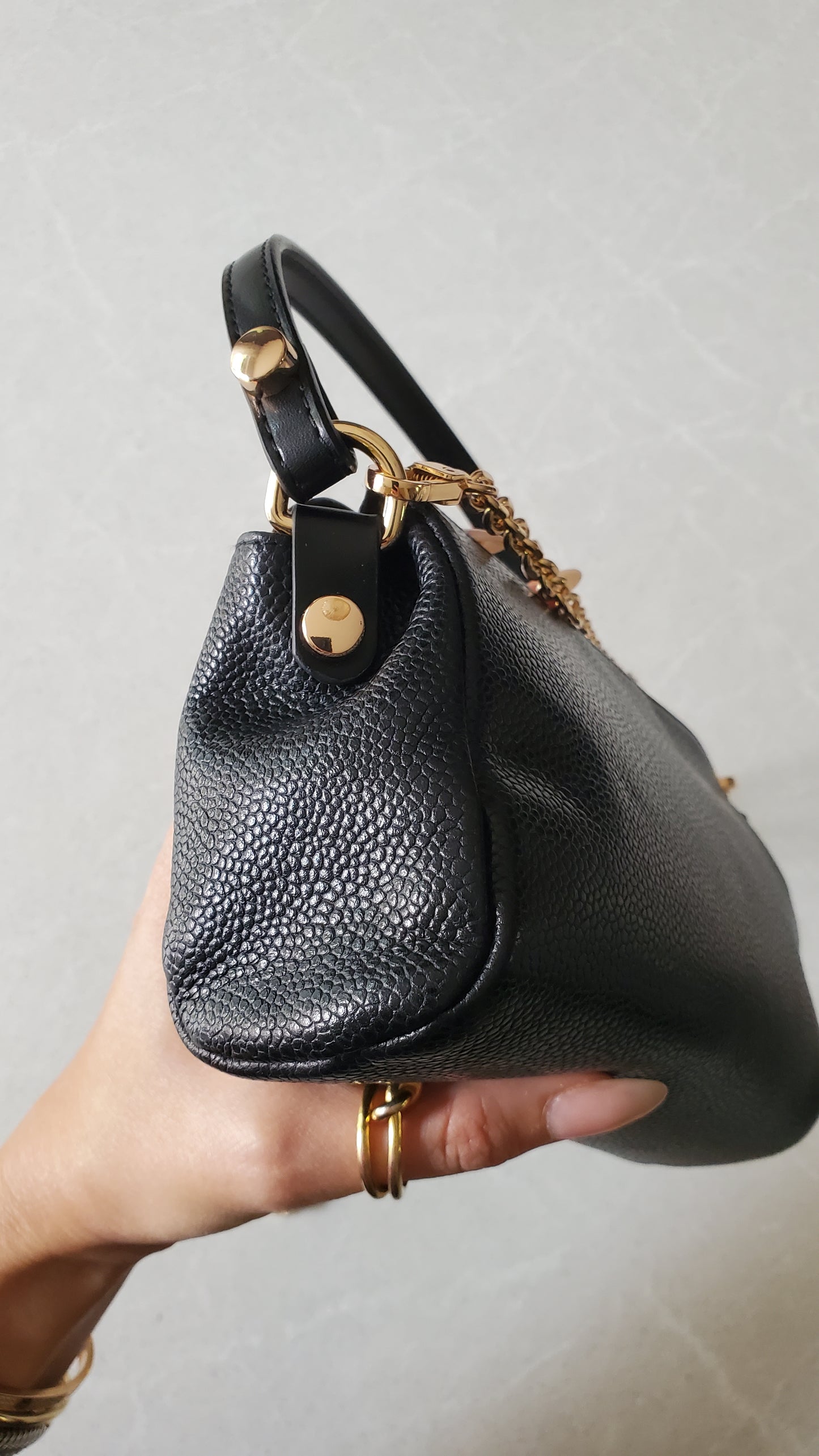 Authentic Vintage Chanel Caviar Perfect Size Upcycle Pouch/ Purse with Handle Strap & Chain