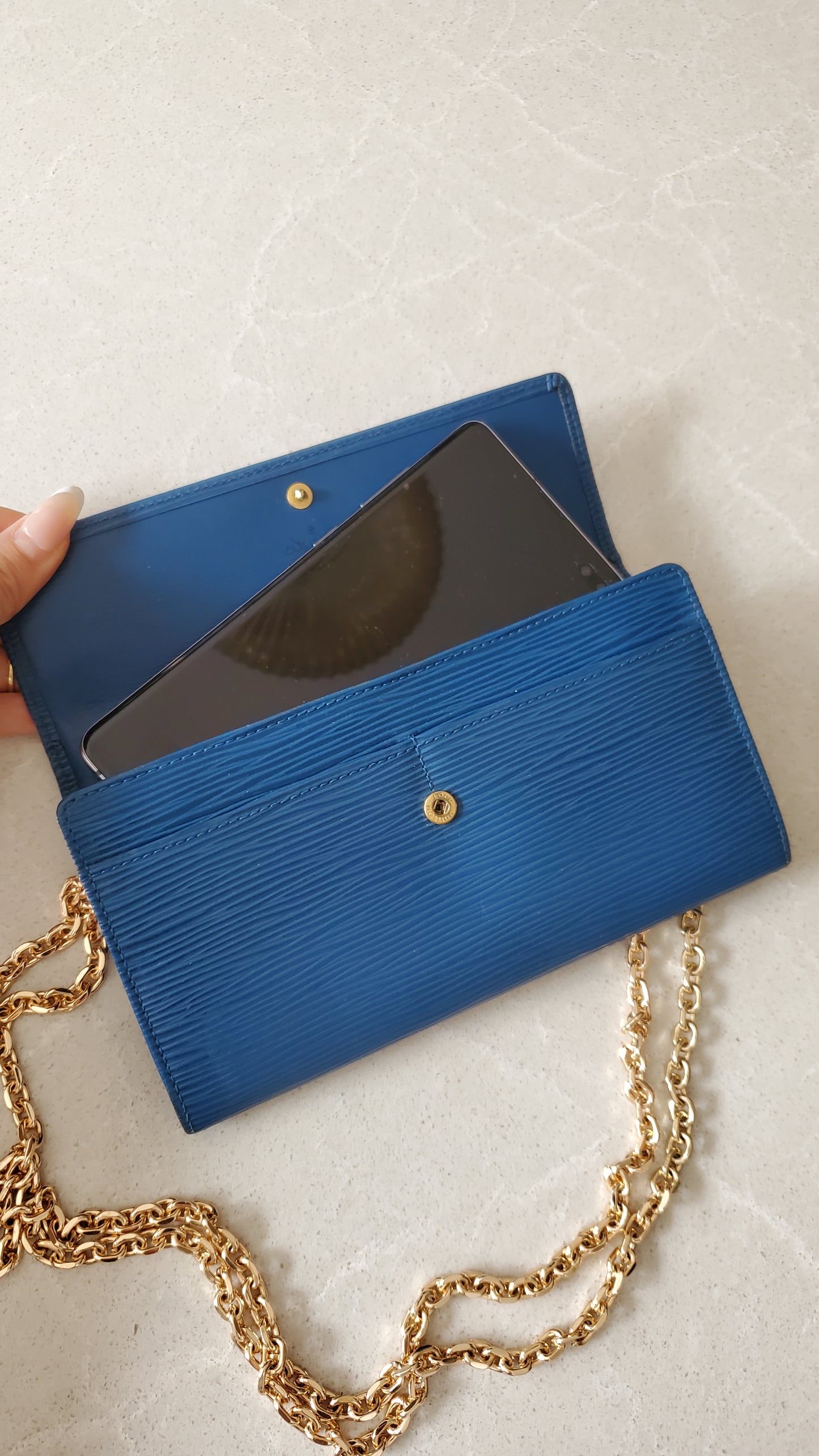 Authentic Louis Vuitton Upcycle Blue Epi Long Wallet on Chain