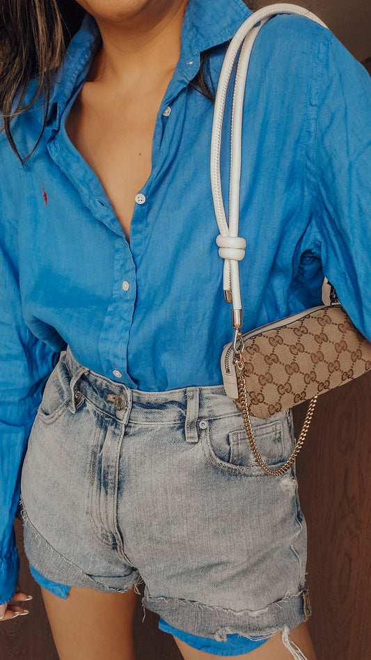 Authentic Vintage Gucci Upcycle Tan Fabric Pouch on Chain & Strap