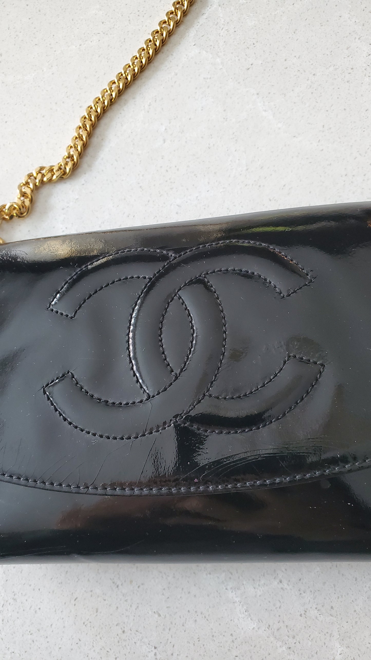 Authentic Vintage Chanel Upcycle Black Patent Compact Wallet on Chain
