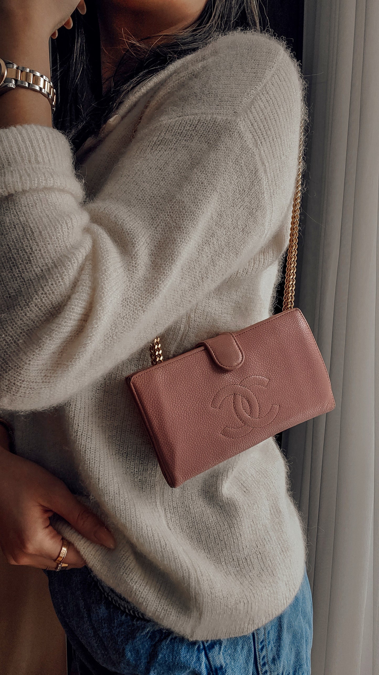 Authentic Chanel Upcycle Pink Caviar Wallet on Chain